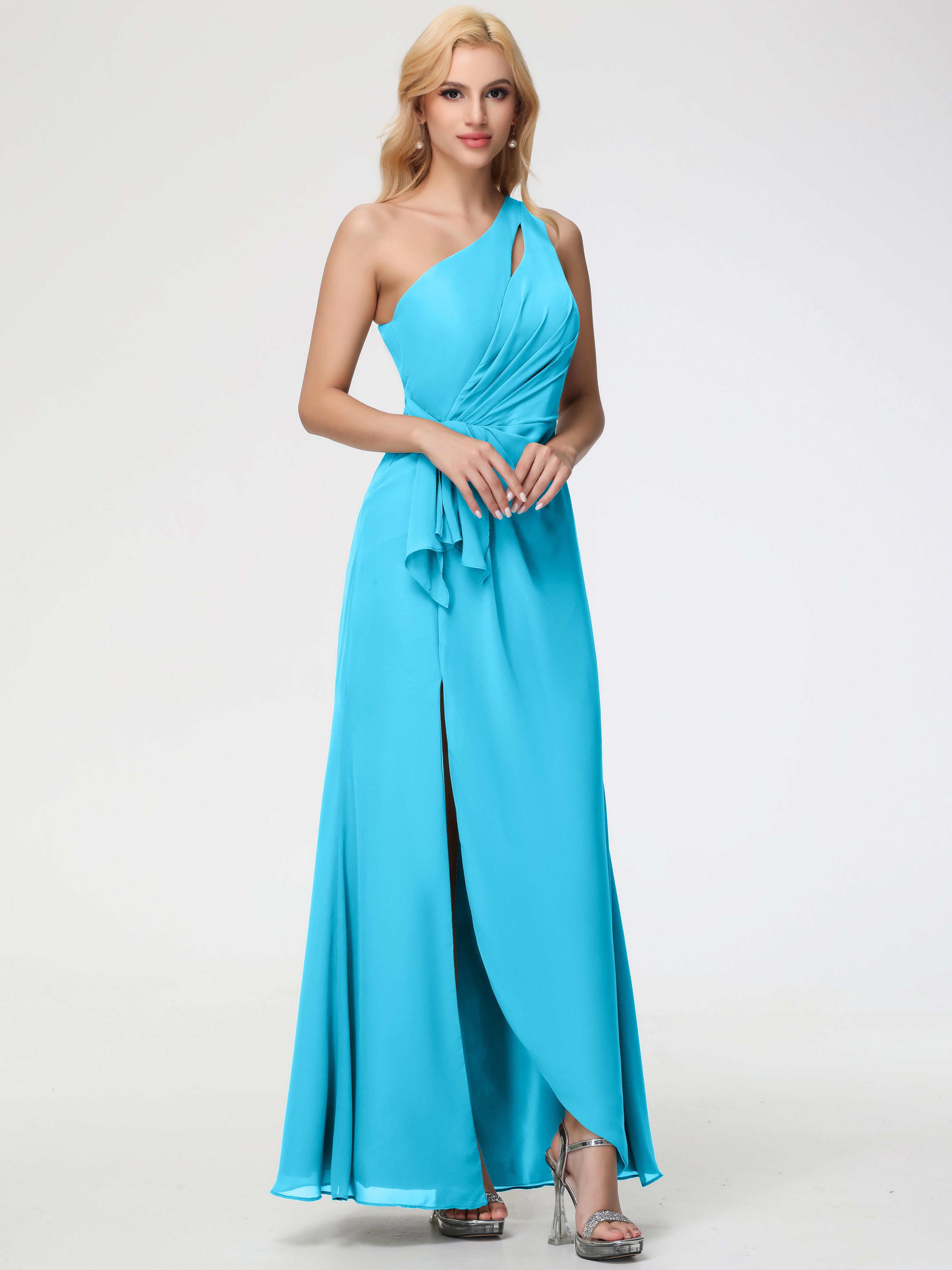 Robe De Demoiselle D'Honneur En Piscine Seule-Épaule Fendue Trapèze Mousseline Robe Demoiselle D'Honneur