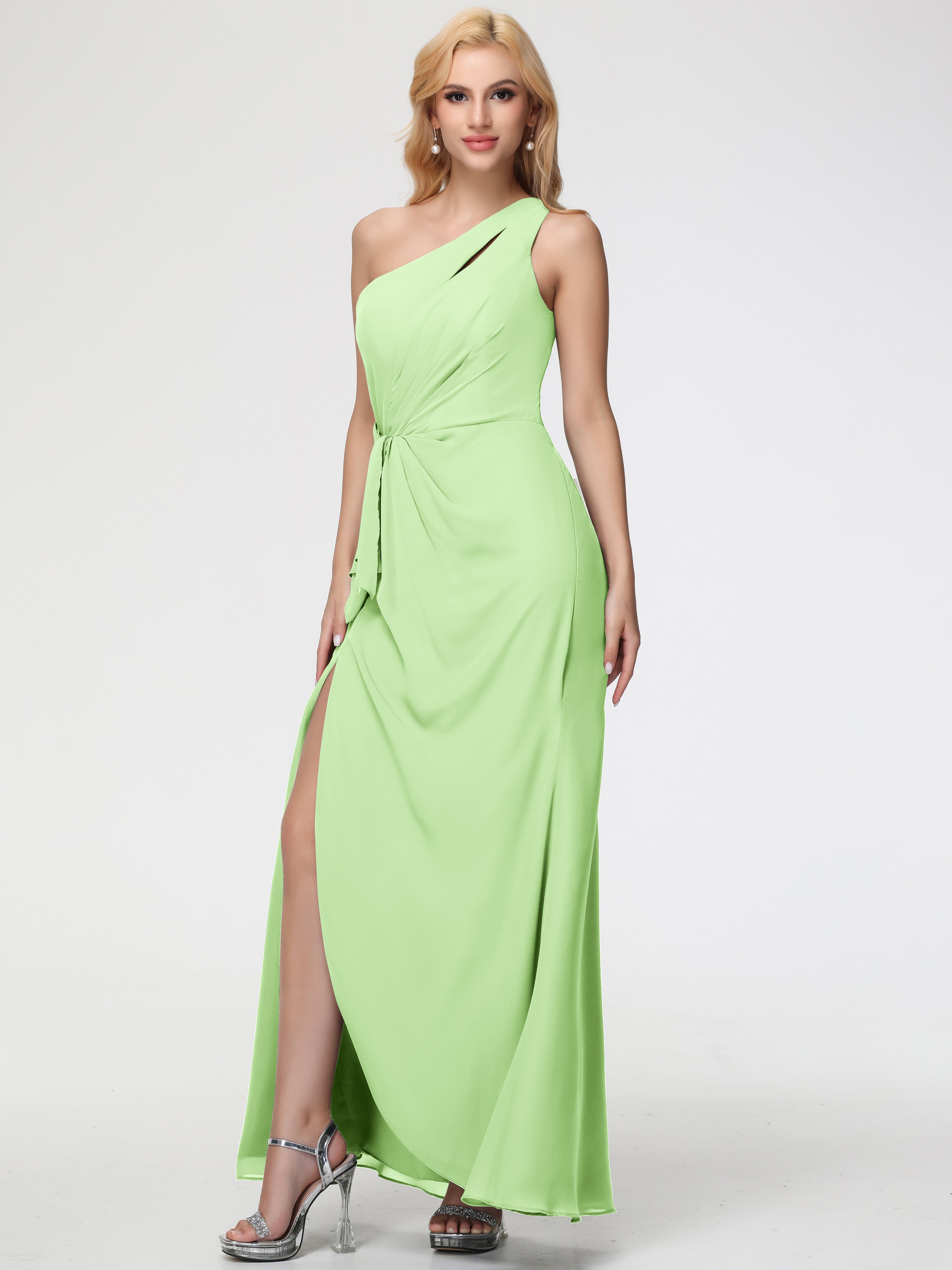 Robe De Demoiselle D Honneur Vert Sauge Seule-Épaule Fendue Trapèze Mousseline Robe Demoiselle D'Honneur