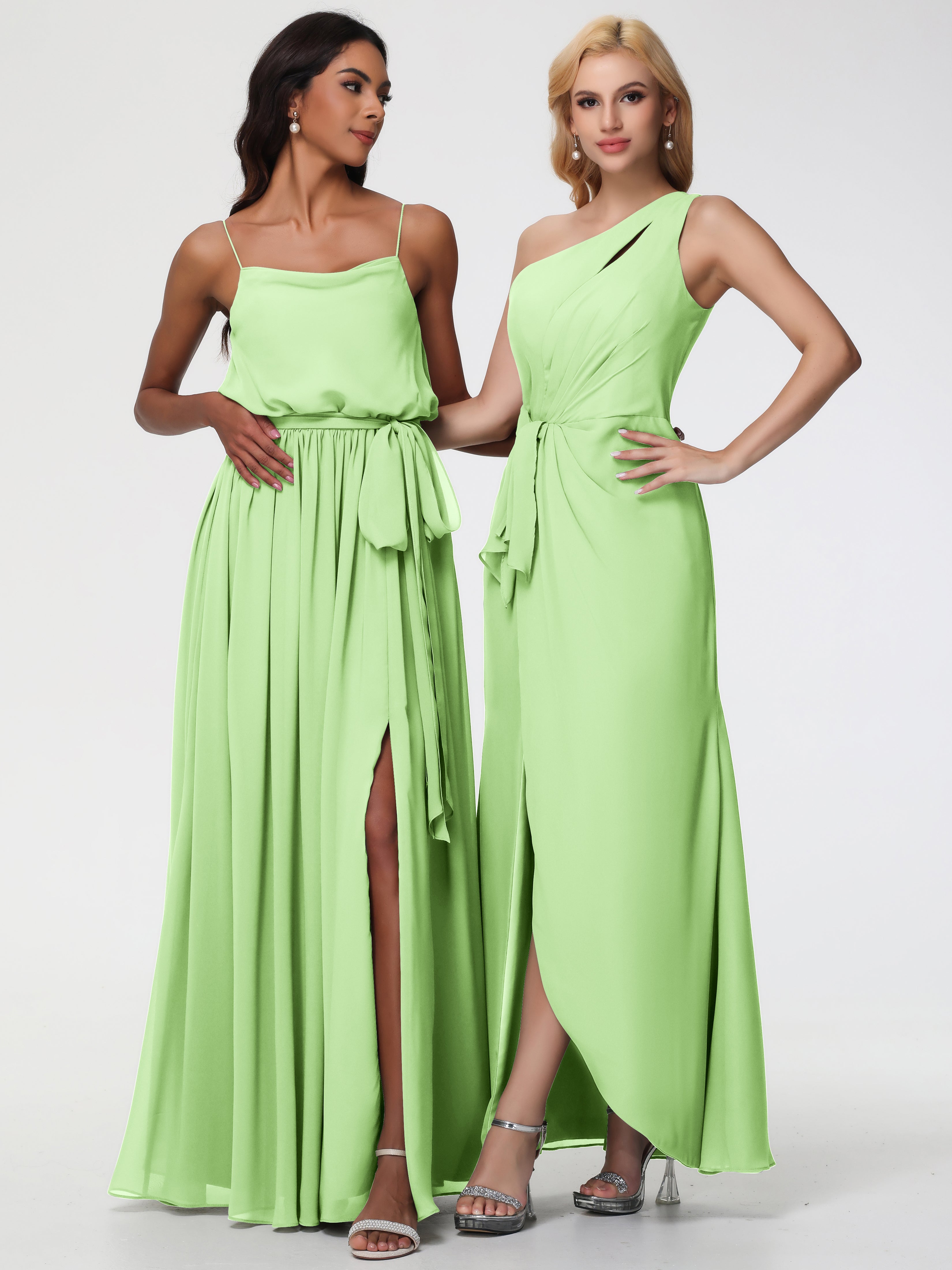 Robe De Demoiselle D Honneur Vert Sauge Seule-Épaule Fendue Trapèze Mousseline Robe Demoiselle D'Honneur