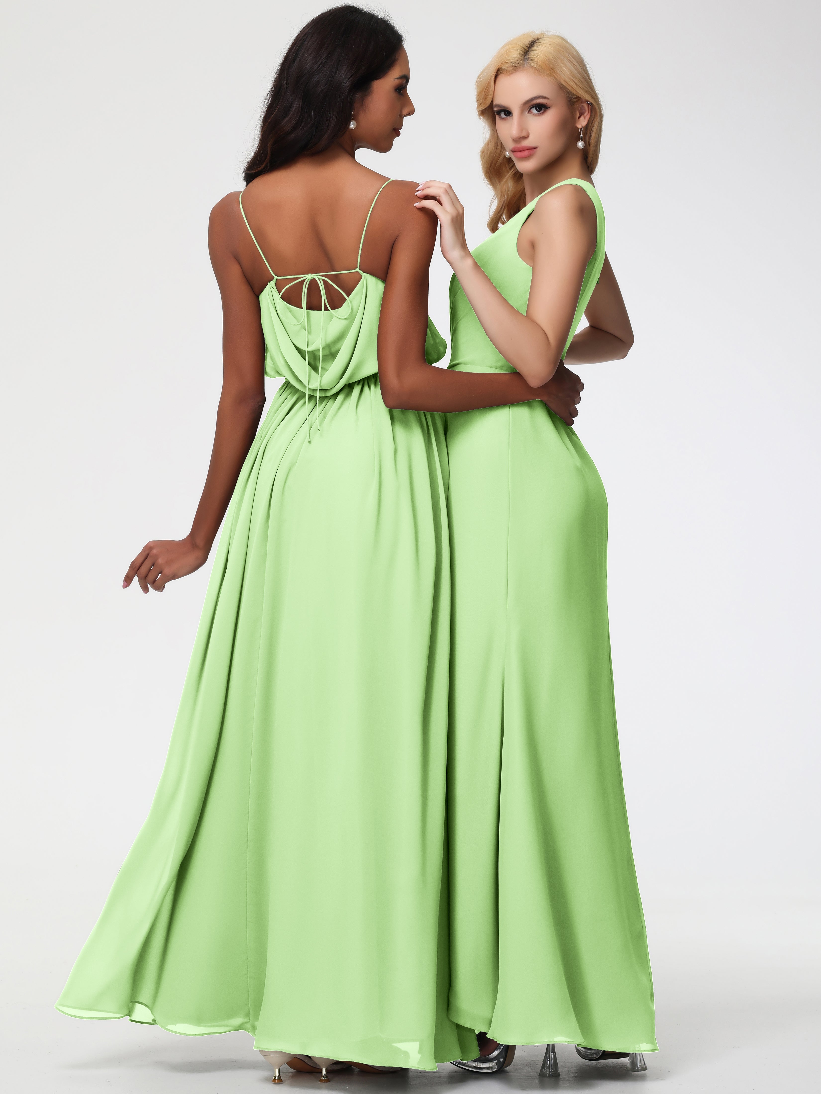 Robe De Demoiselle D Honneur Vert Sauge Seule-Épaule Fendue Trapèze Mousseline Robe Demoiselle D'Honneur