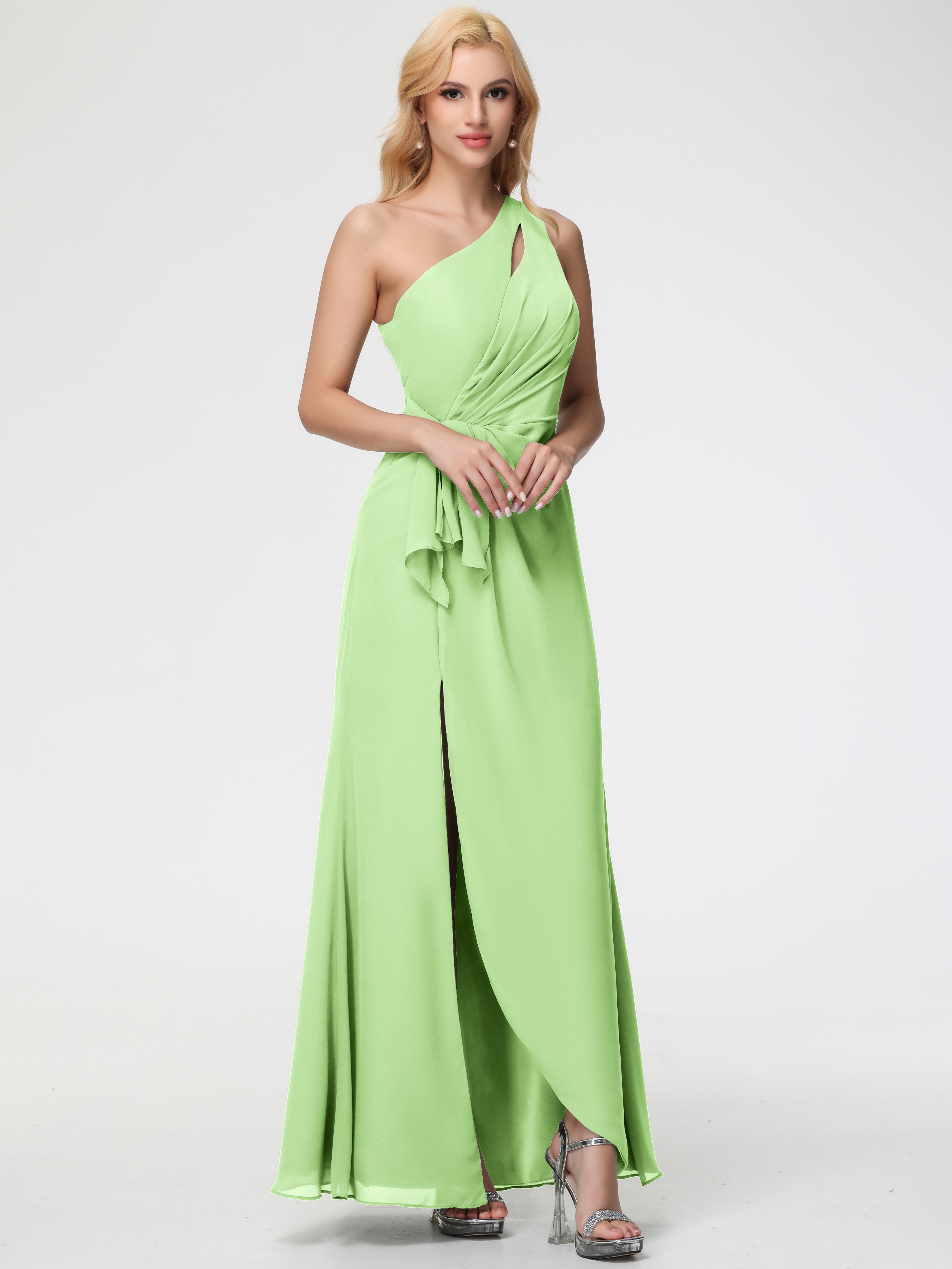 Robe De Demoiselle D Honneur Vert Sauge Seule-Épaule Fendue Trapèze Mousseline Robe Demoiselle D'Honneur