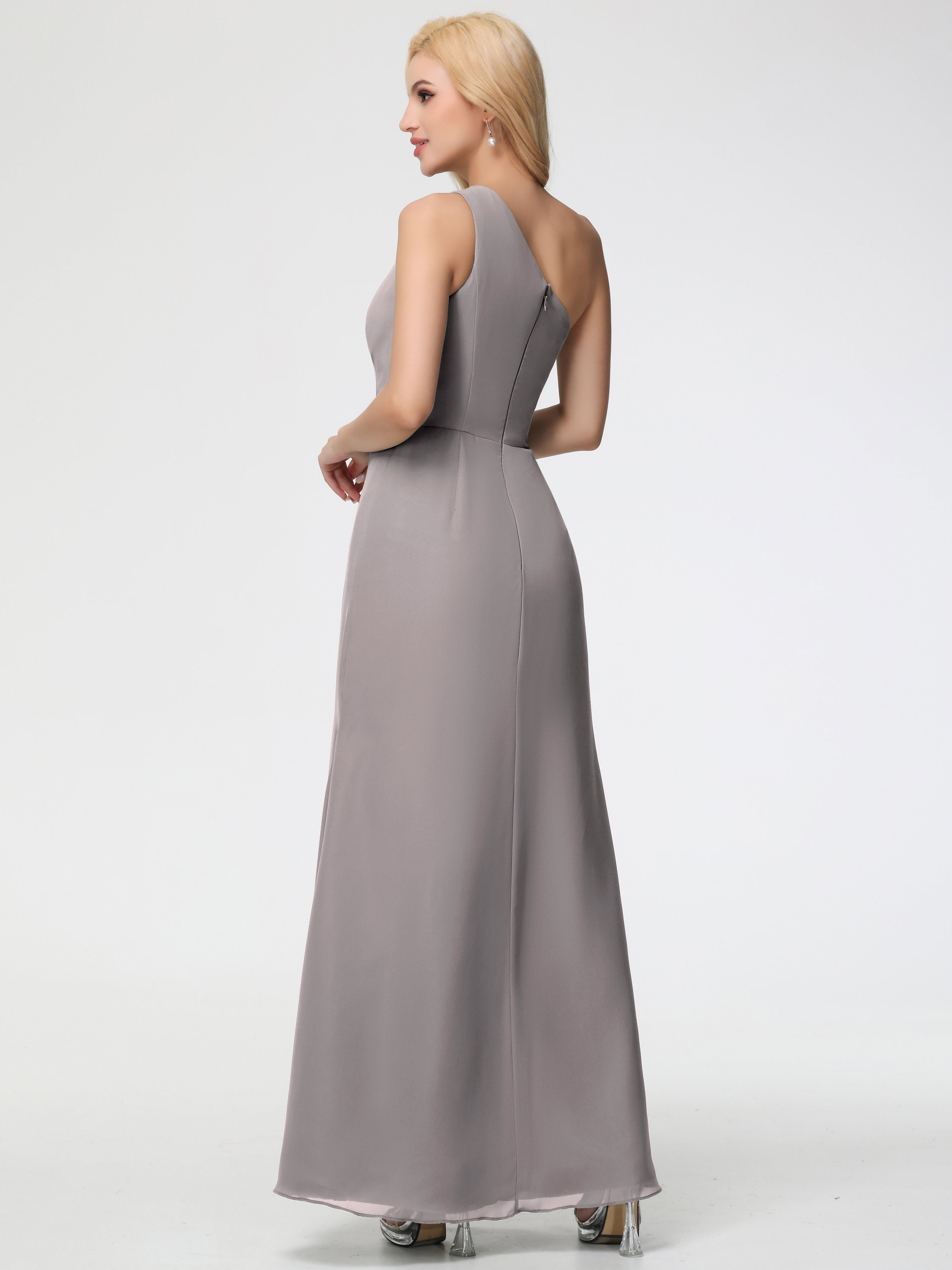Robe Argentée Demoiselle D Honneur Seule-Épaule Fendue Trapèze Mousseline Robe Demoiselle D'Honneur