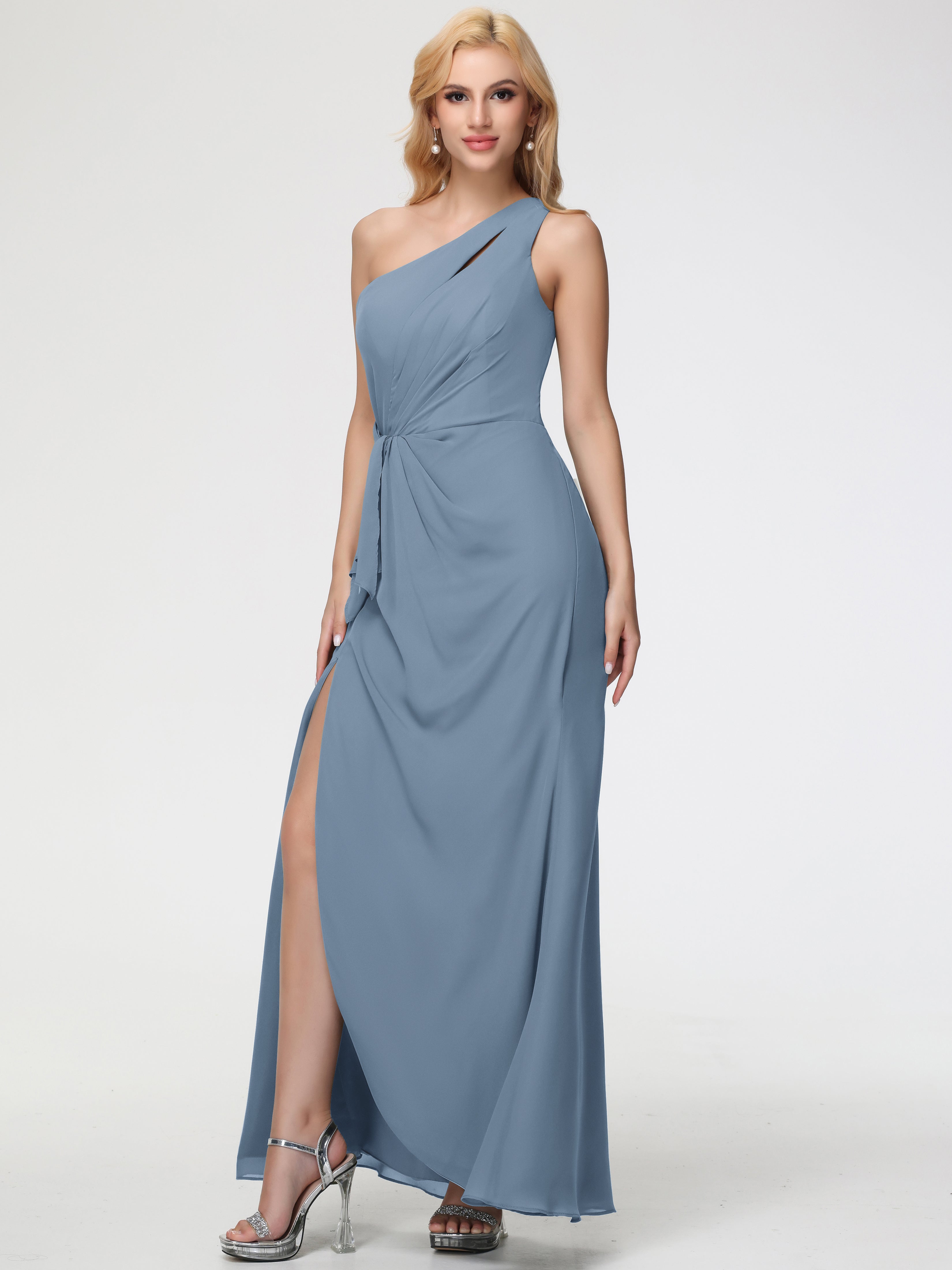 Robes De Demoiselle D'Honneur Bleu De Schiste Seule-Épaule Fendue Trapèze Mousseline Robe Demoiselle D'Honneur