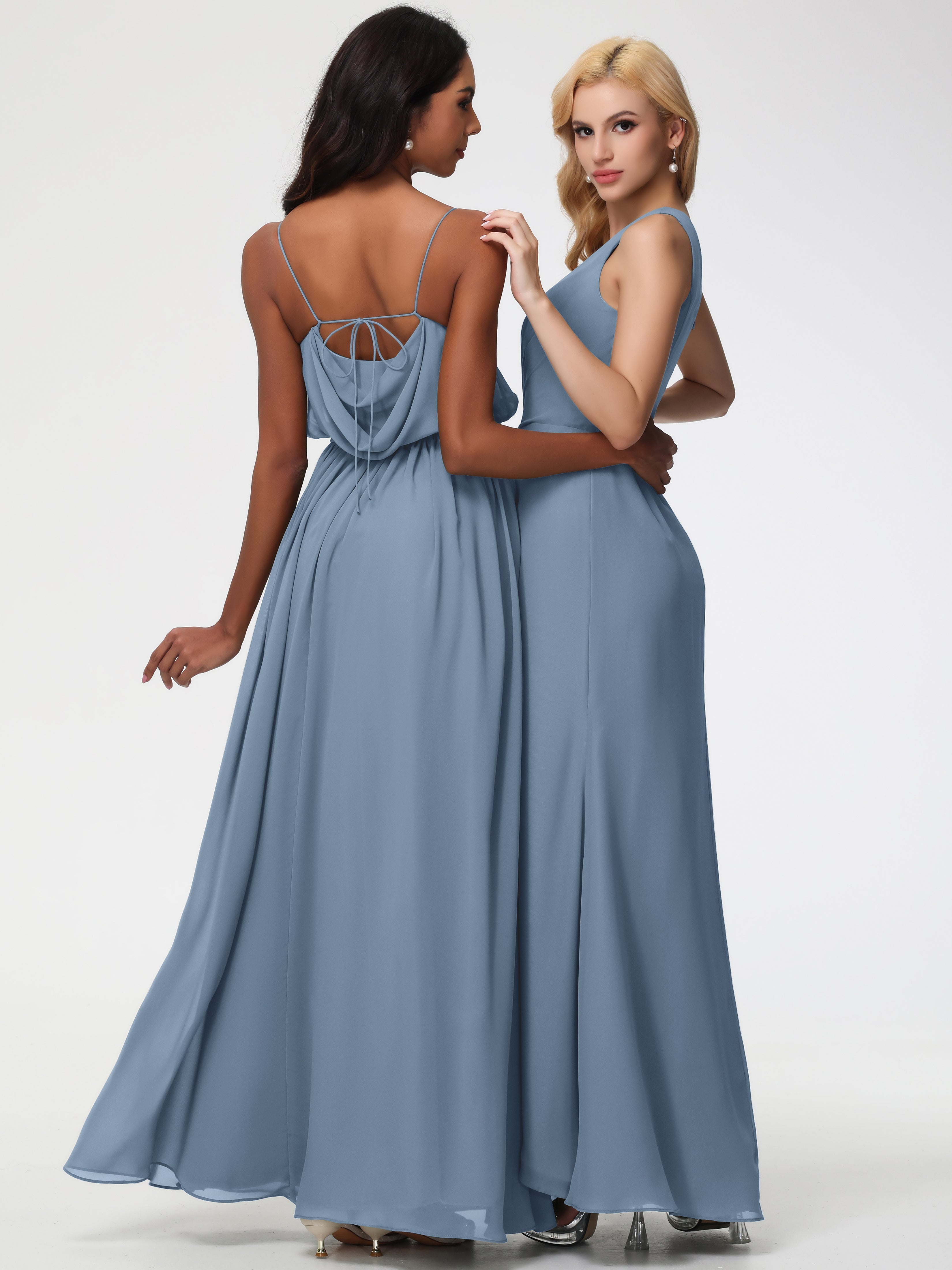 Robes De Demoiselle D'Honneur Bleu De Schiste Seule-Épaule Fendue Trapèze Mousseline Robe Demoiselle D'Honneur