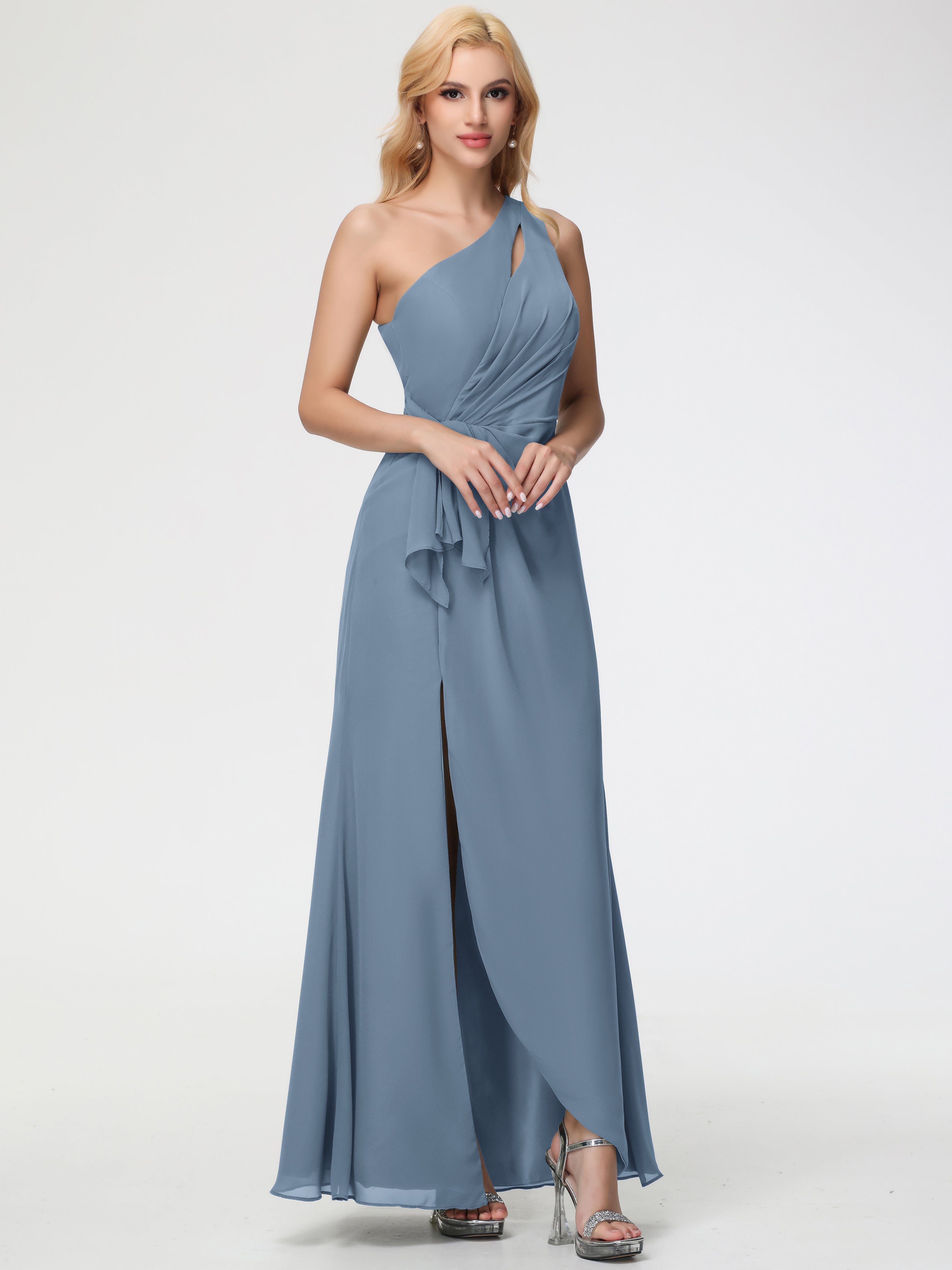 Robes De Demoiselle D'Honneur Bleu De Schiste Seule-Épaule Fendue Trapèze Mousseline Robe Demoiselle D'Honneur