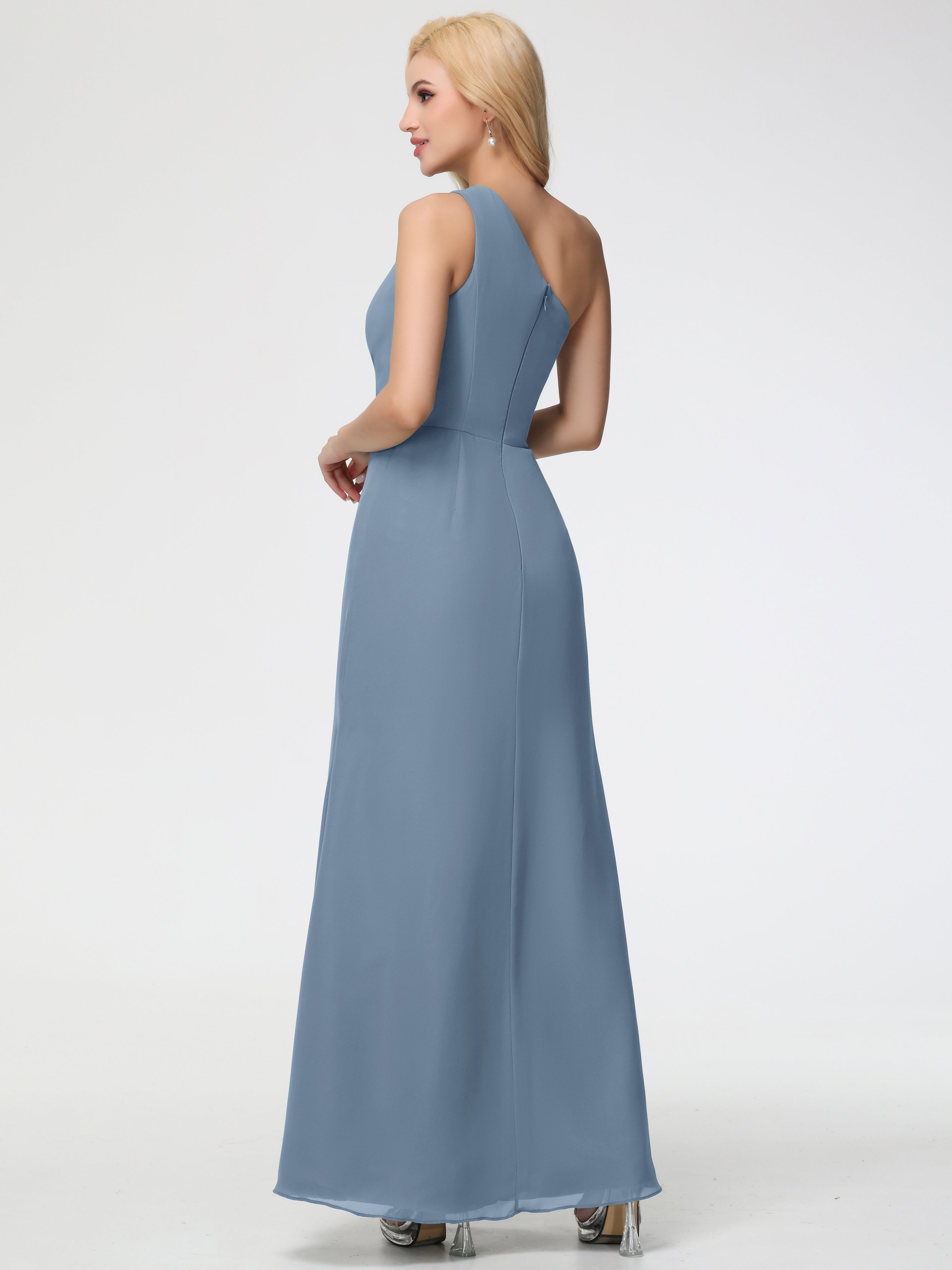 Robes De Demoiselle D'Honneur Bleu De Schiste Seule-Épaule Fendue Trapèze Mousseline Robe Demoiselle D'Honneur