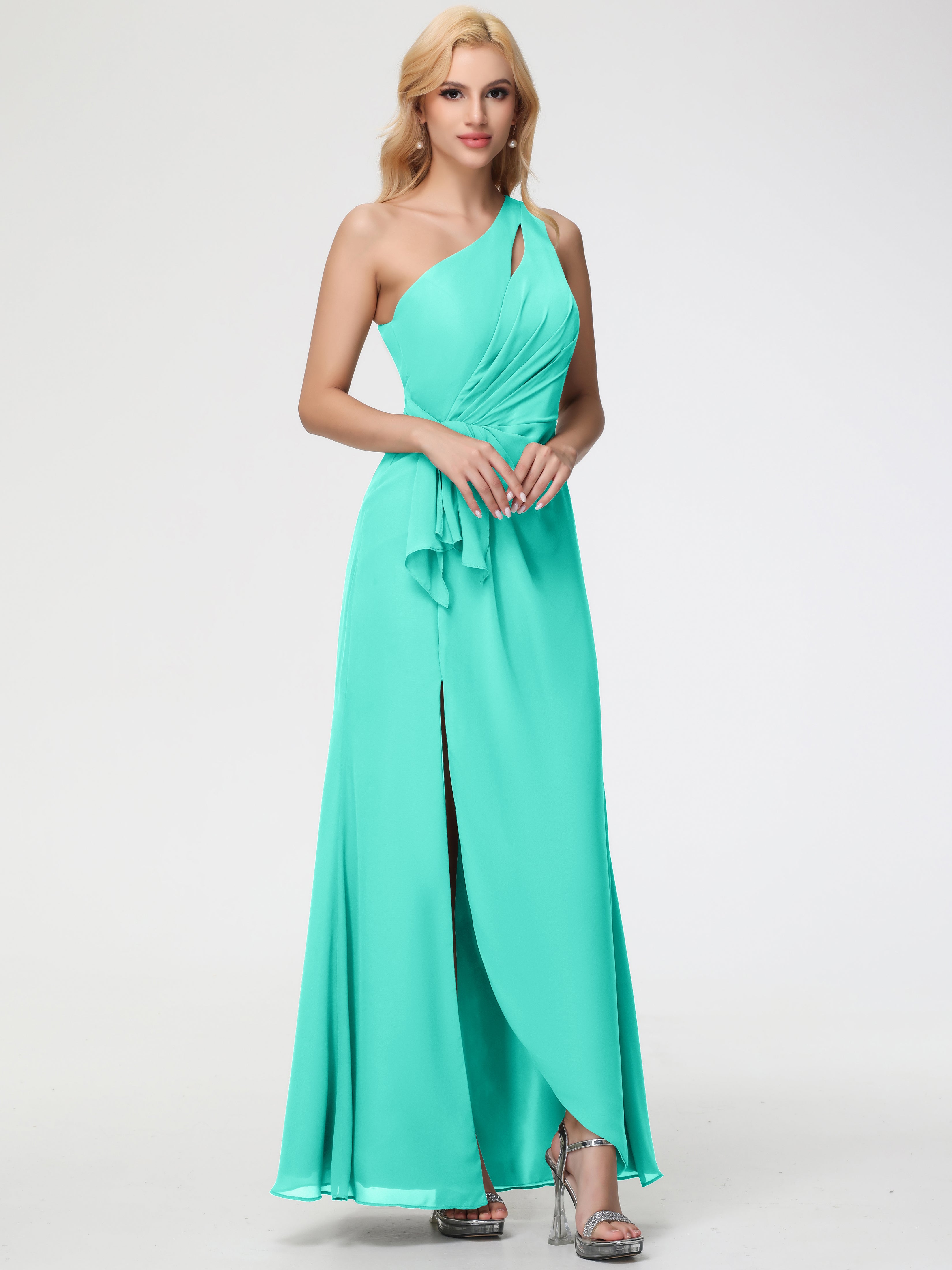 Robes De Demoiselle D'Honneur Spa Seule-Épaule Fendue Trapèze Mousseline Robe Demoiselle D'Honneur