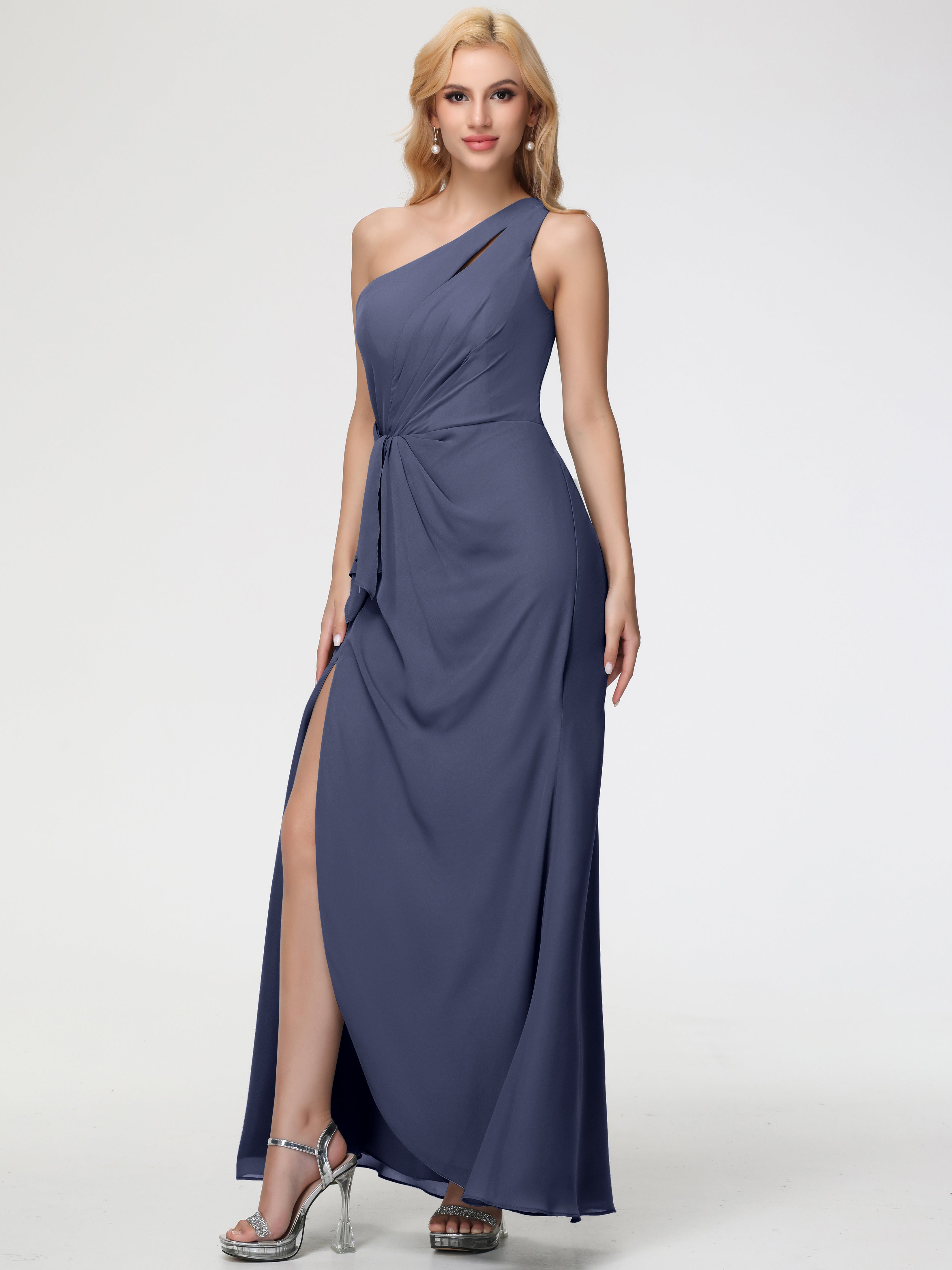 Robes De Demoiselle D'Honneur Bleu Orageux Seule-Épaule Fendue Trapèze Mousseline Robe Demoiselle D'Honneur
