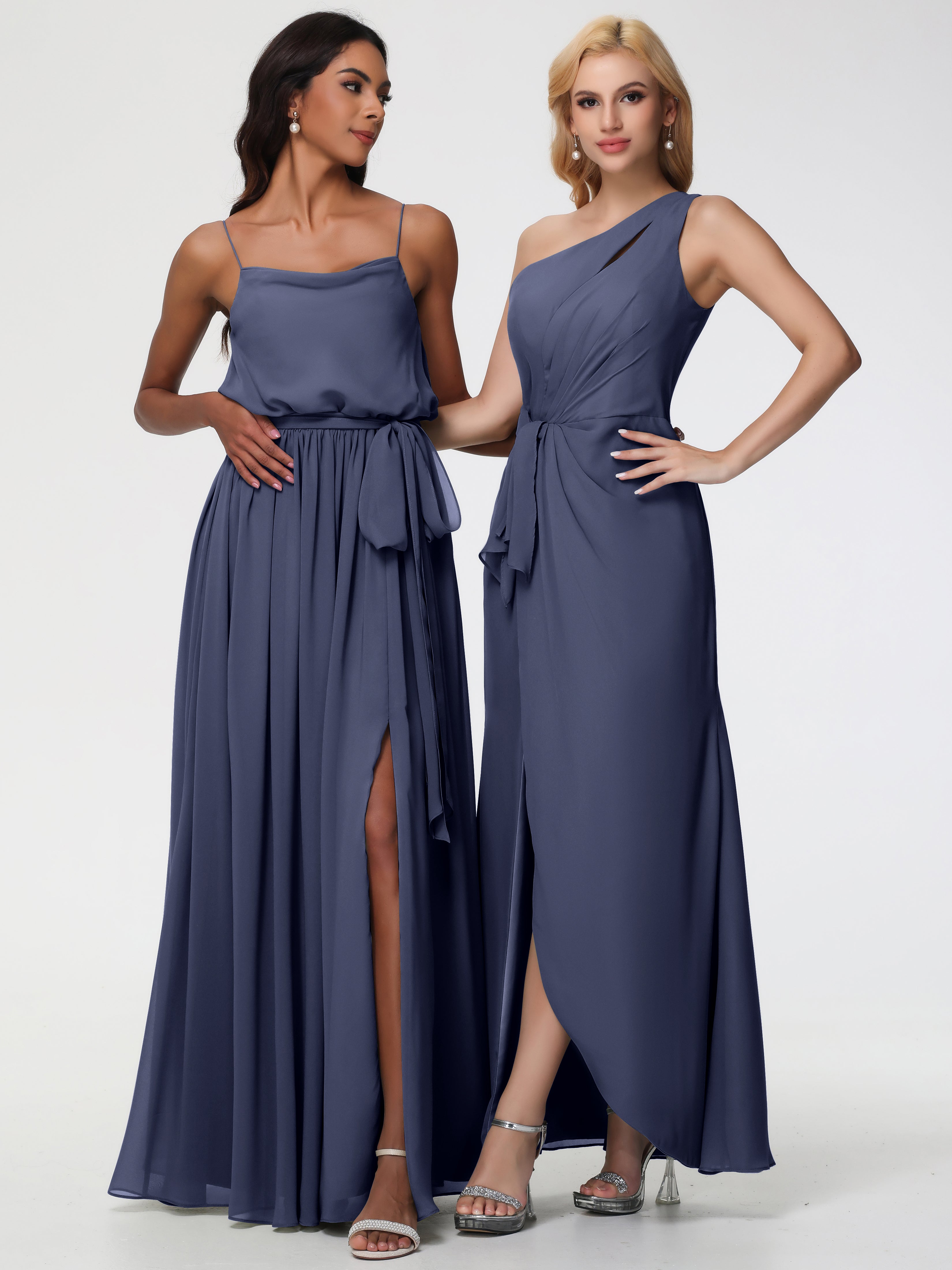 Robes De Demoiselle D'Honneur Bleu Orageux Seule-Épaule Fendue Trapèze Mousseline Robe Demoiselle D'Honneur