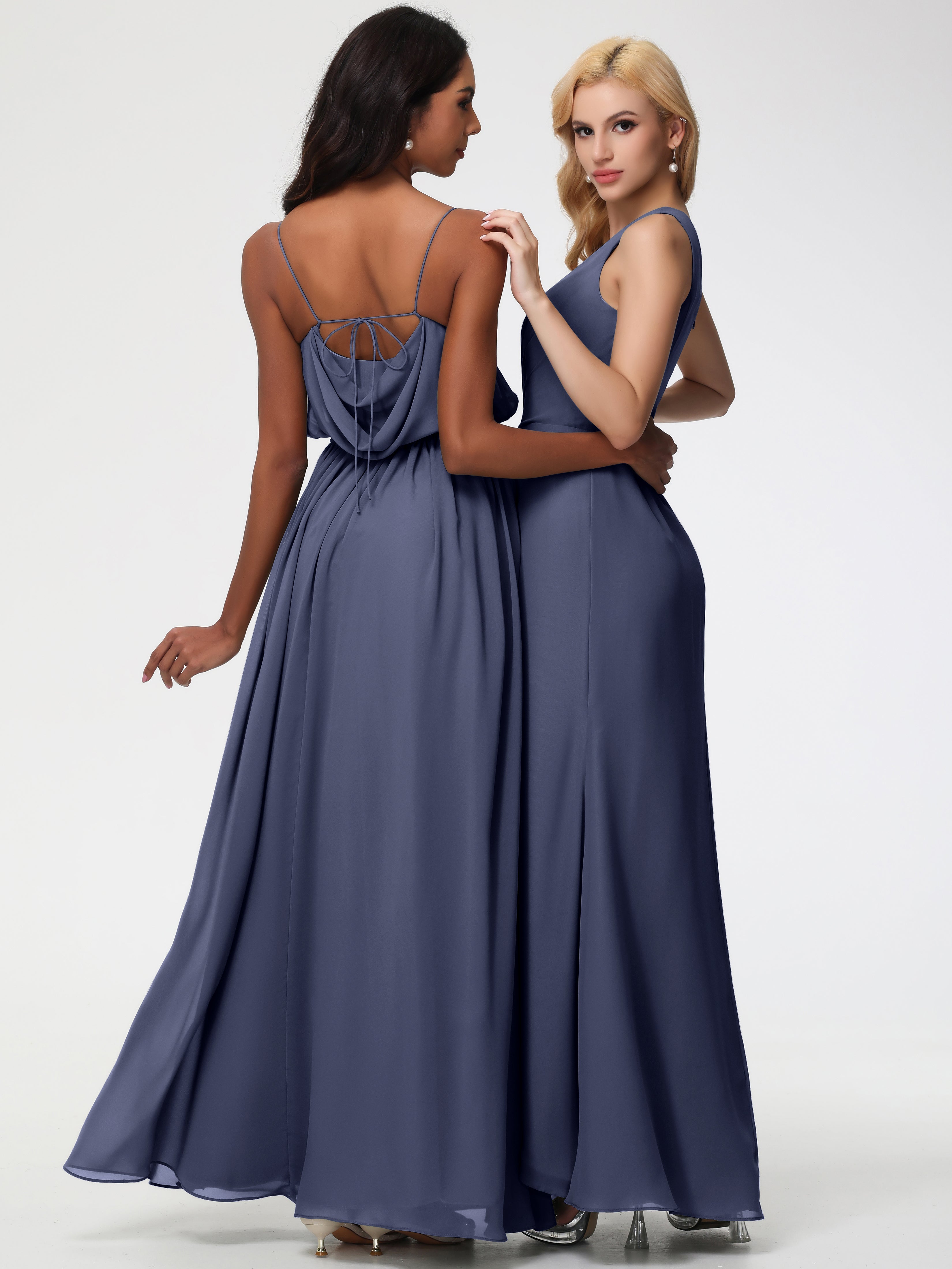 Robes De Demoiselle D'Honneur Bleu Orageux Seule-Épaule Fendue Trapèze Mousseline Robe Demoiselle D'Honneur