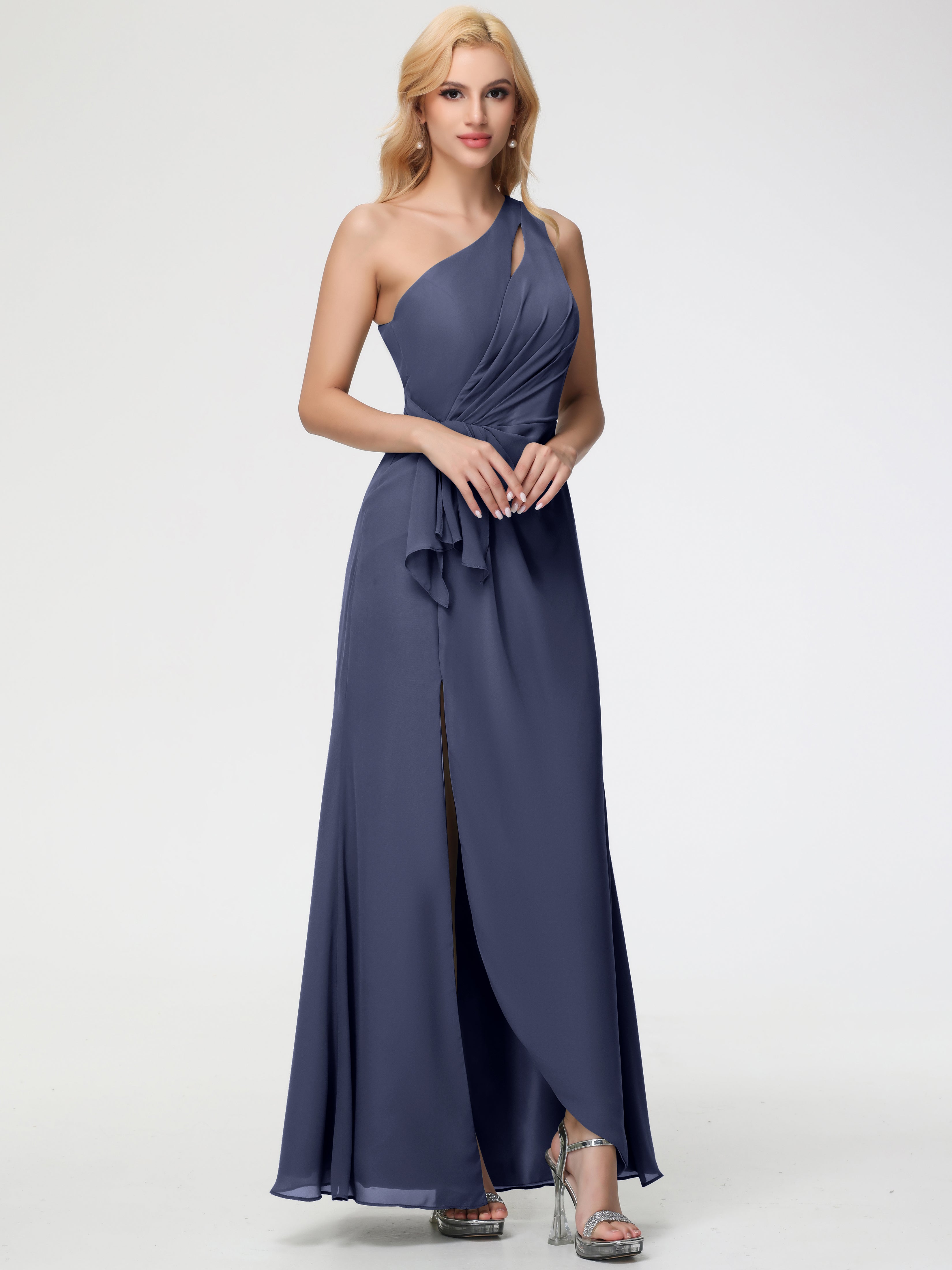 Robes De Demoiselle D'Honneur Bleu Orageux Seule-Épaule Fendue Trapèze Mousseline Robe Demoiselle D'Honneur