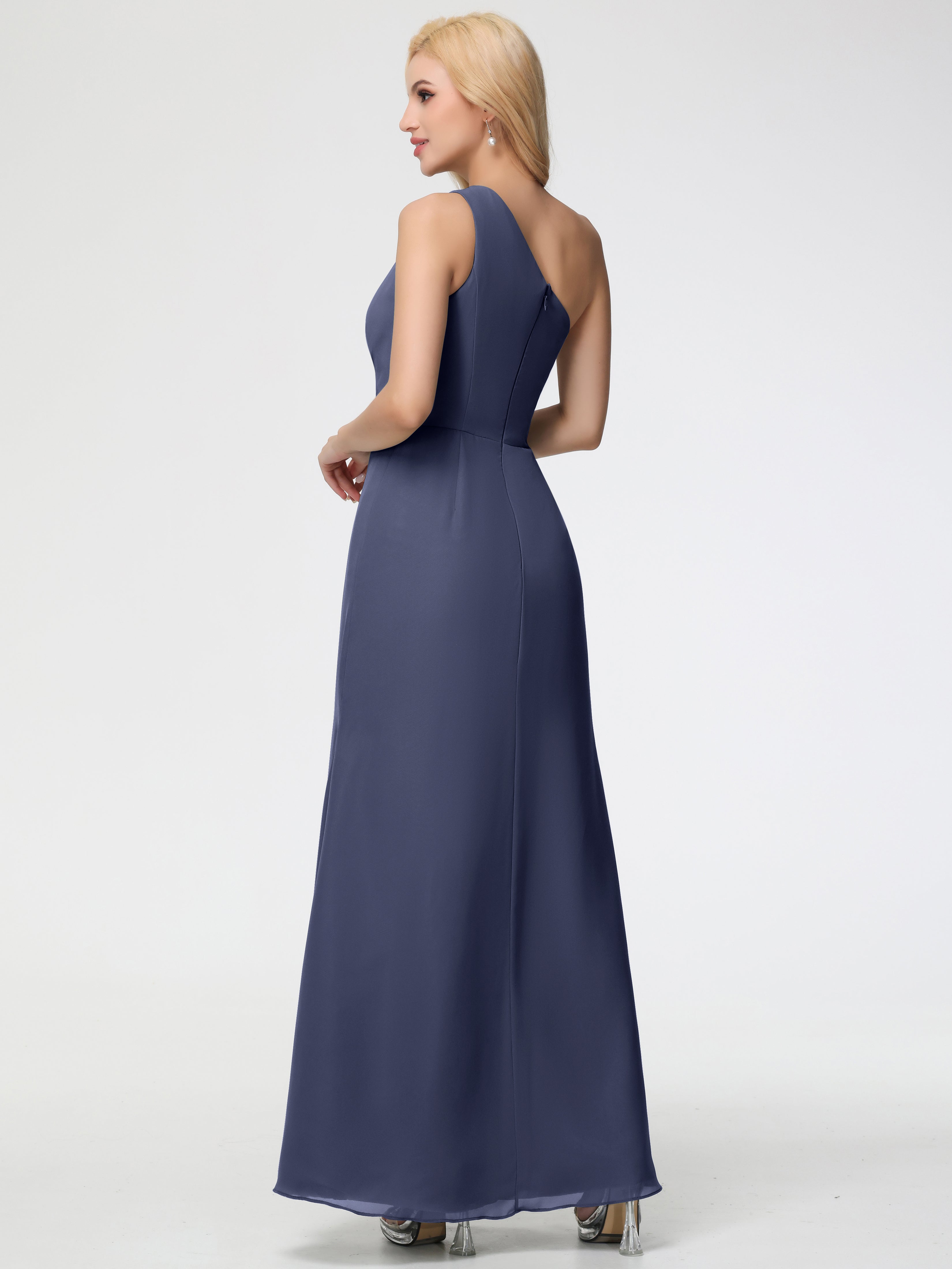 Robes De Demoiselle D'Honneur Bleu Orageux Seule-Épaule Fendue Trapèze Mousseline Robe Demoiselle D'Honneur