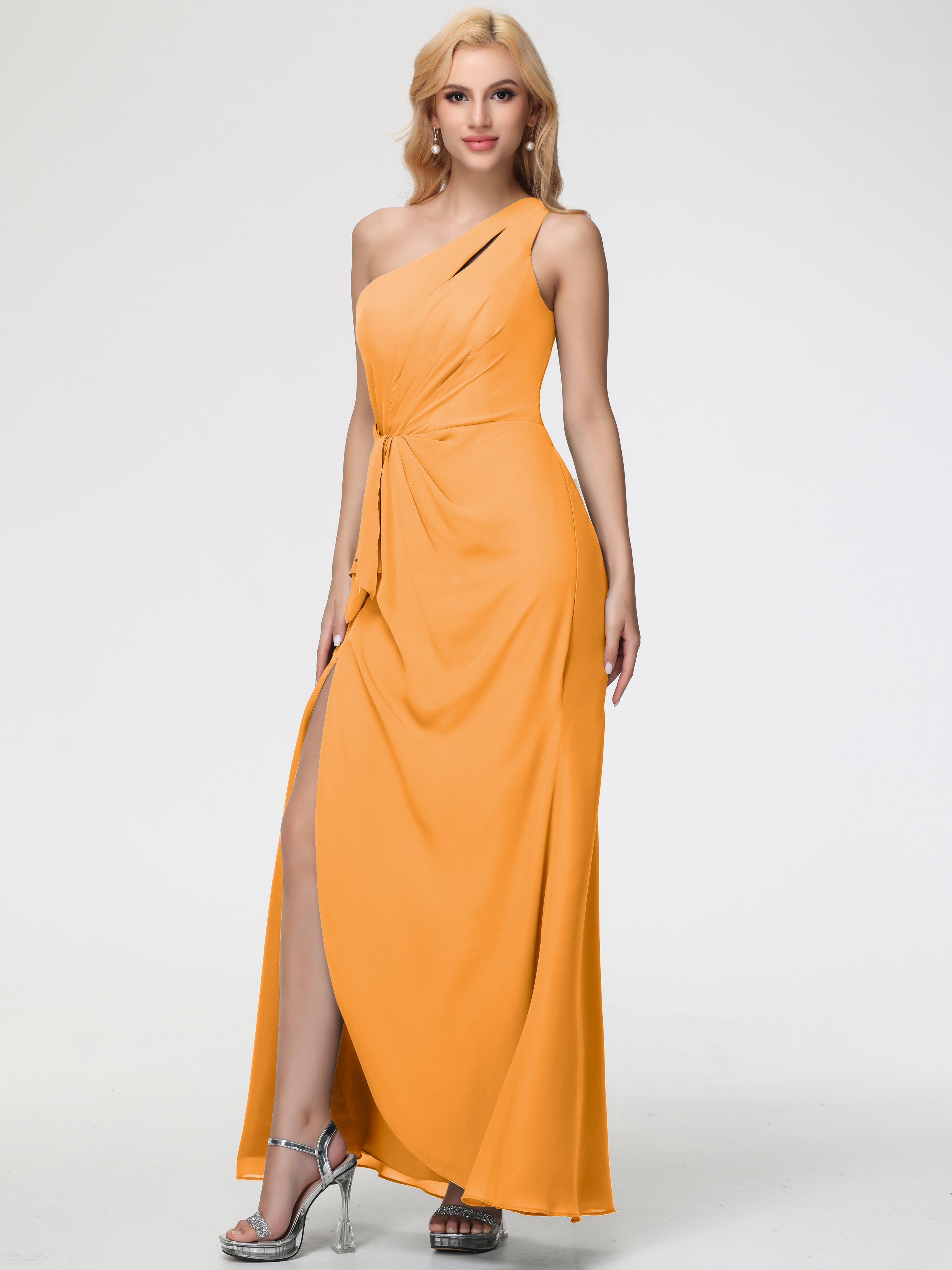 Robes De Demoiselle D'Honneur Mandarine Seule-Épaule Fendue Trapèze Mousseline Robe Demoiselle D'Honneur