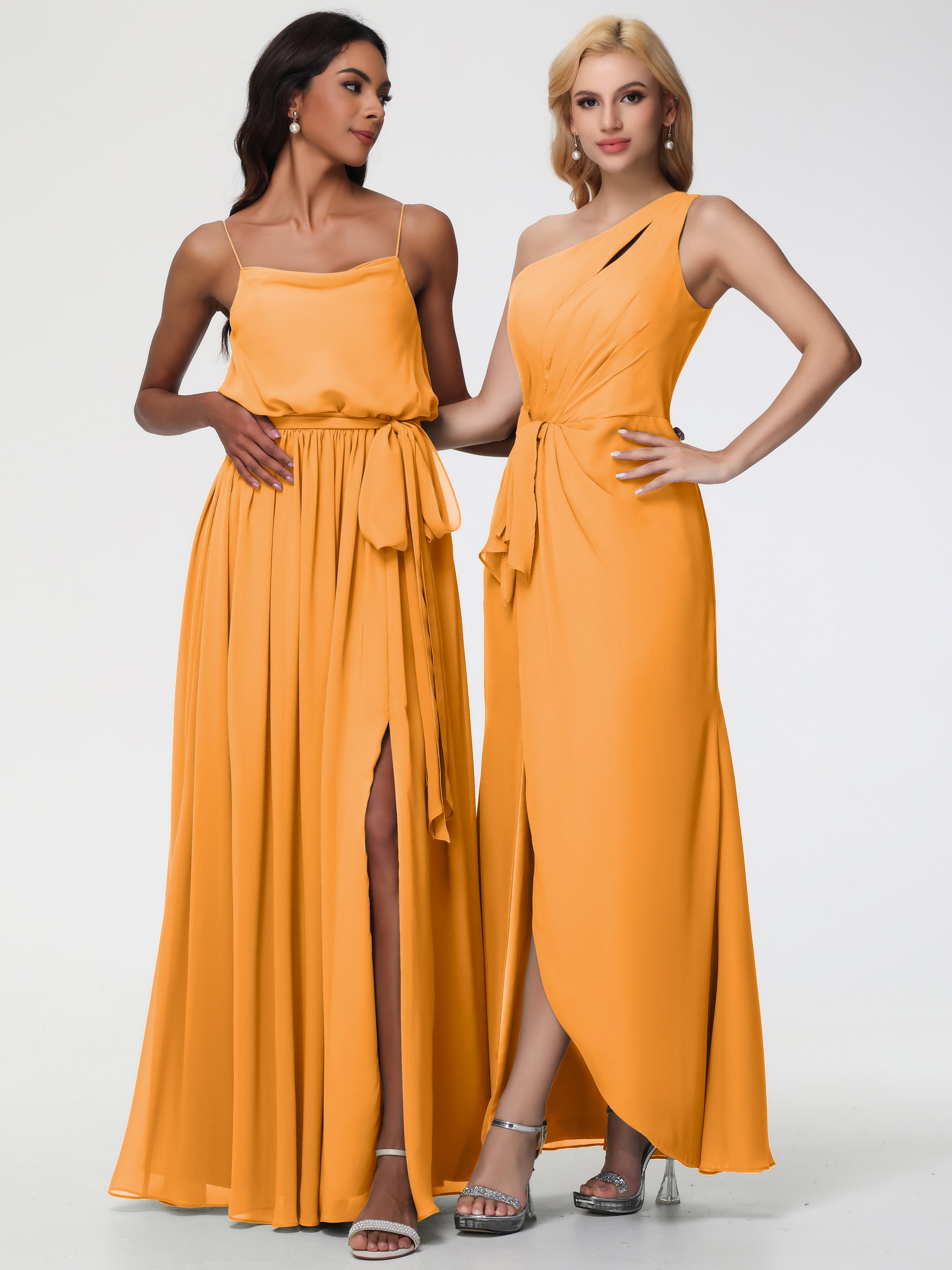 Robes De Demoiselle D'Honneur Mandarine Seule-Épaule Fendue Trapèze Mousseline Robe Demoiselle D'Honneur