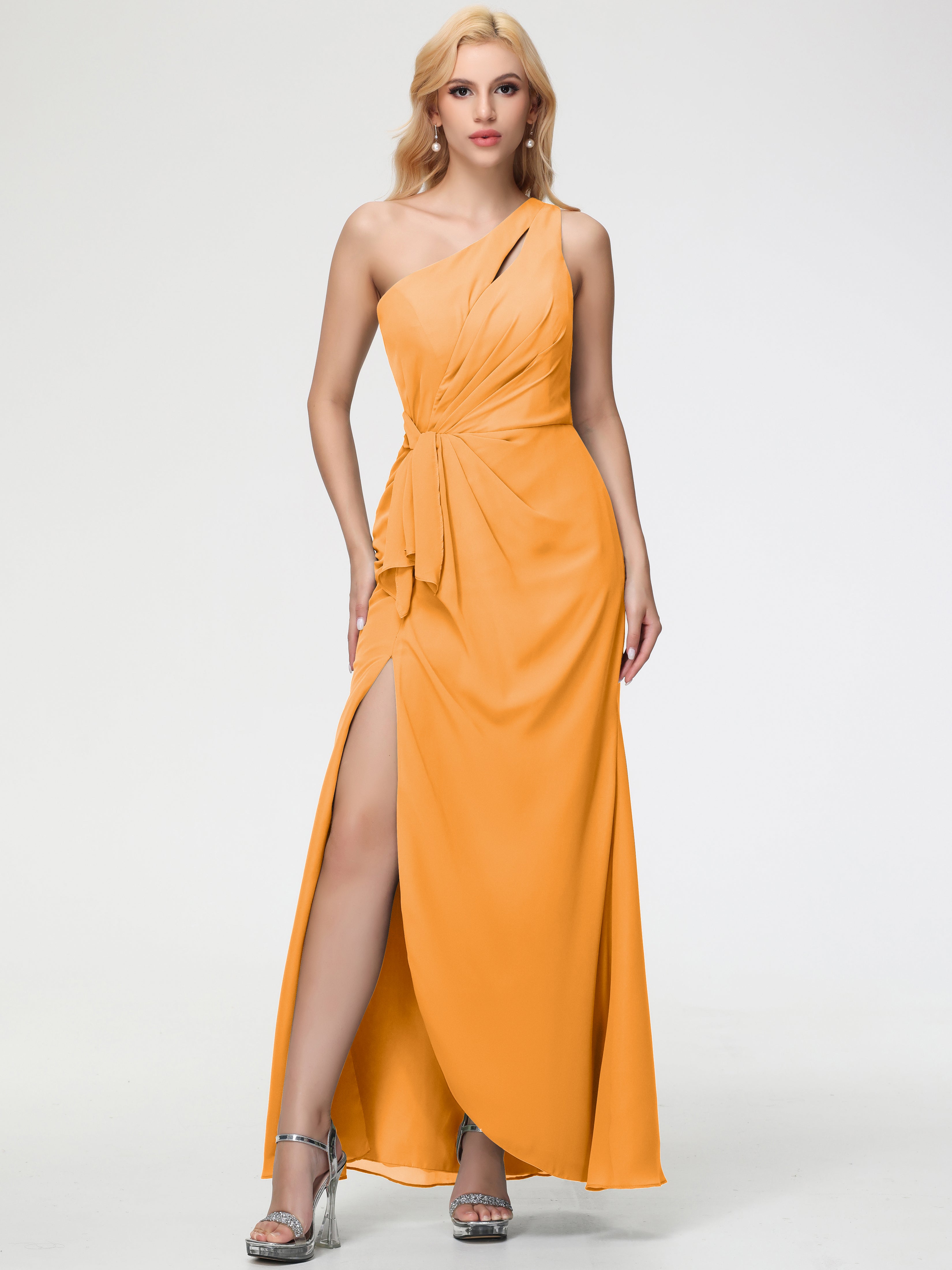 Robes De Demoiselle D'Honneur Mandarine Seule-Épaule Fendue Trapèze Mousseline Robe Demoiselle D'Honneur