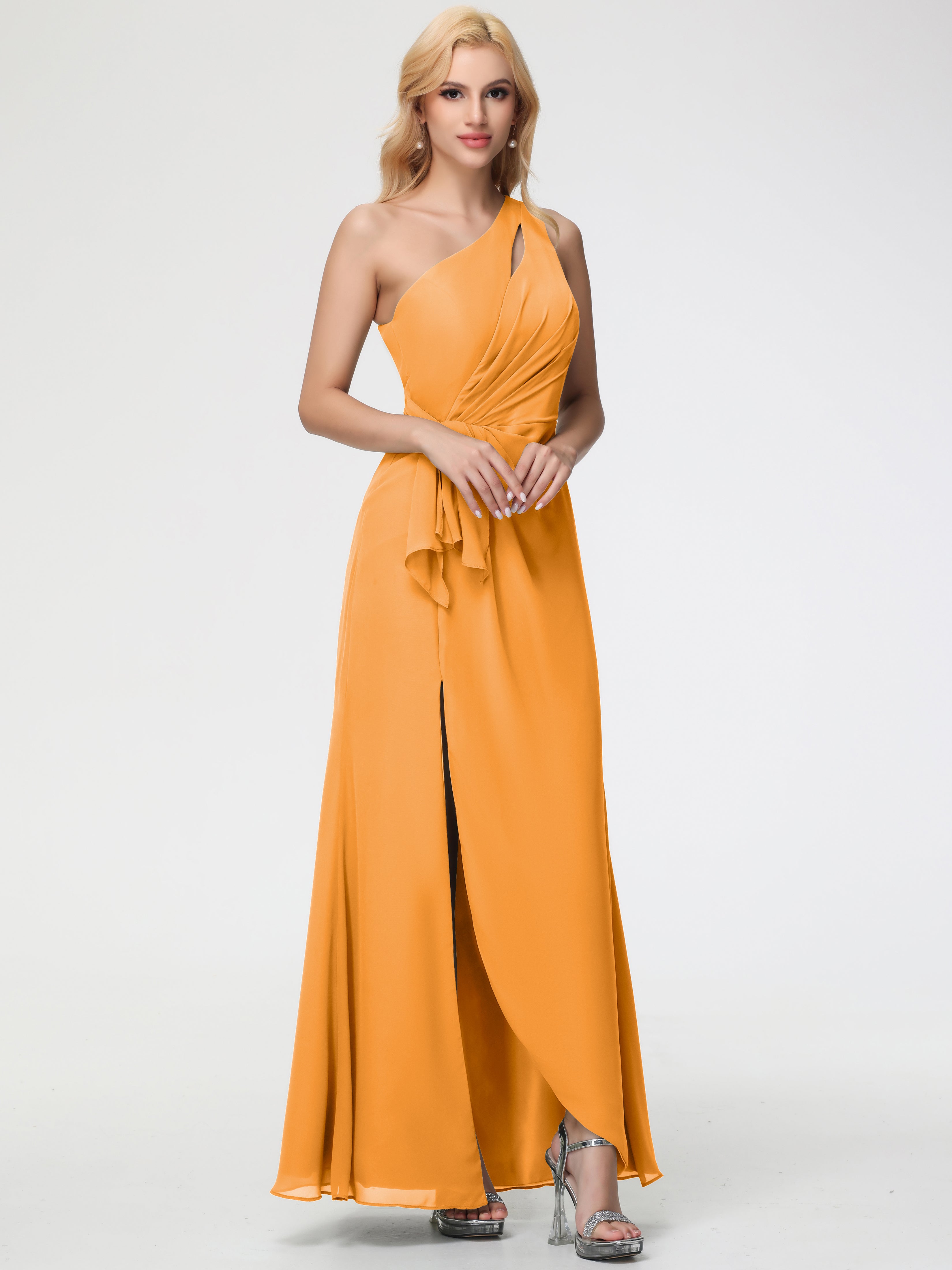 Robes De Demoiselle D'Honneur Mandarine Seule-Épaule Fendue Trapèze Mousseline Robe Demoiselle D'Honneur