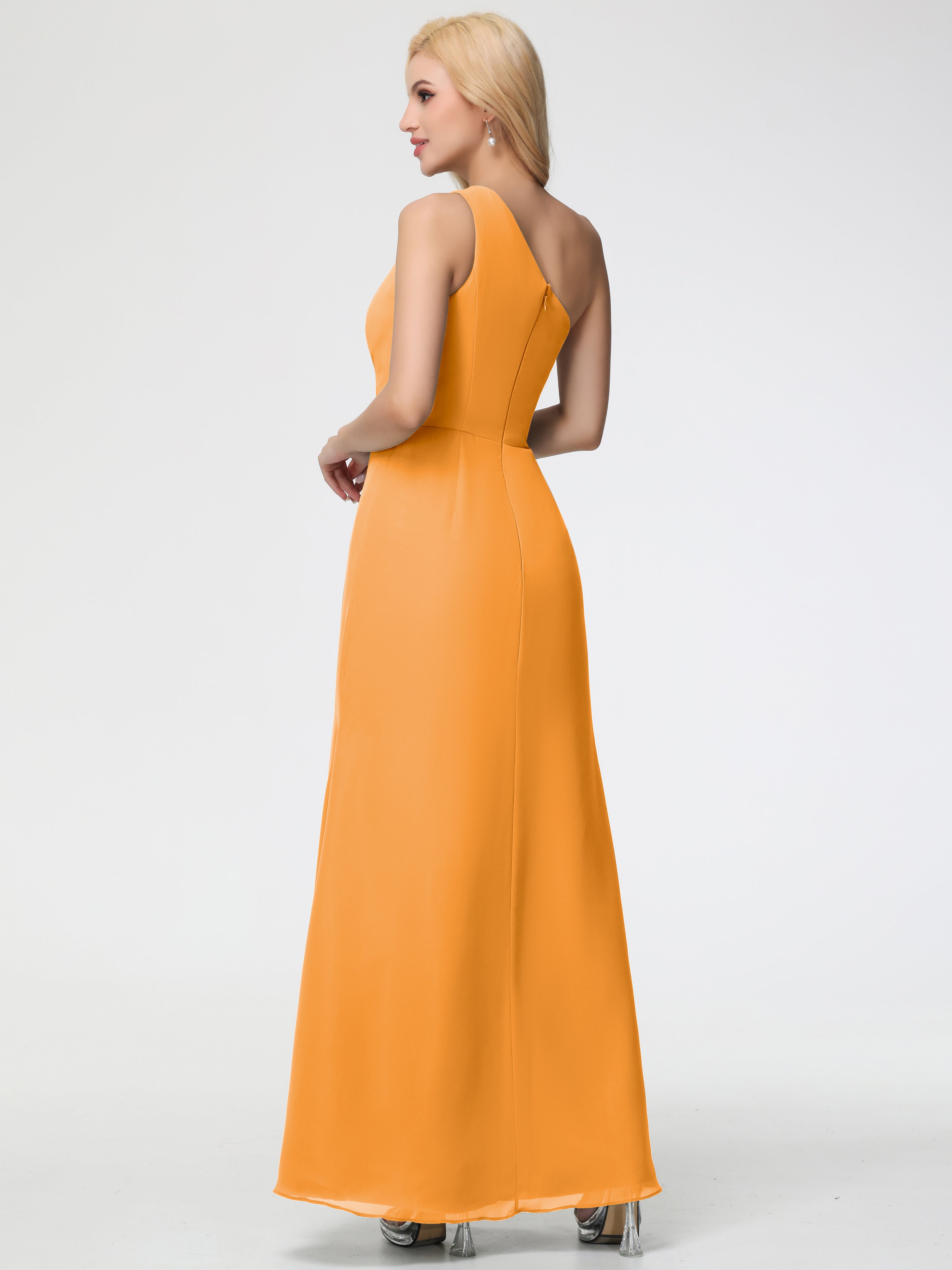 Robes De Demoiselle D'Honneur Mandarine Seule-Épaule Fendue Trapèze Mousseline Robe Demoiselle D'Honneur