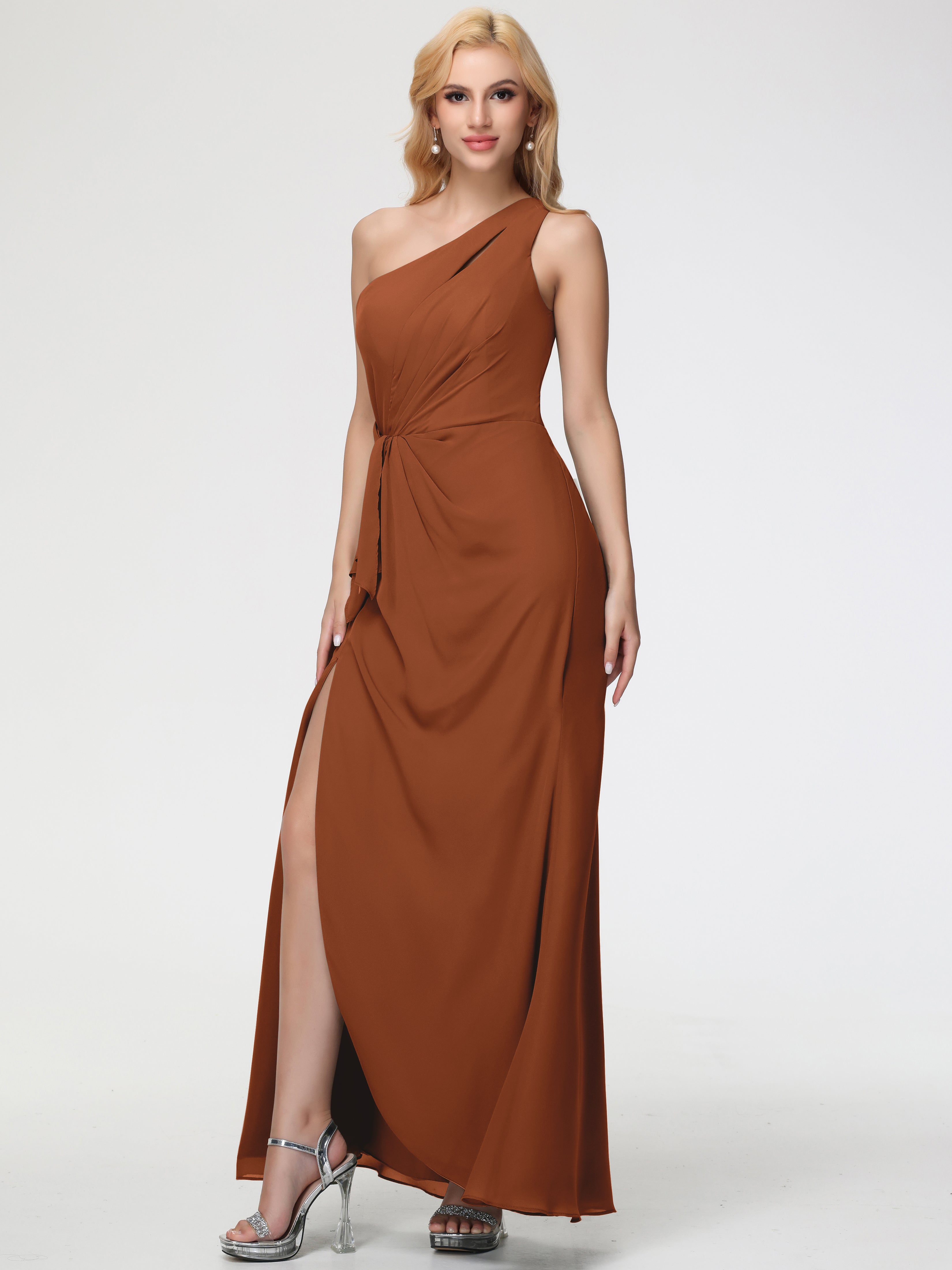Robe Terracotta Demoiselle D Honneur Seule-Épaule Fendue Trapèze Mousseline Robe Demoiselle D'Honneur