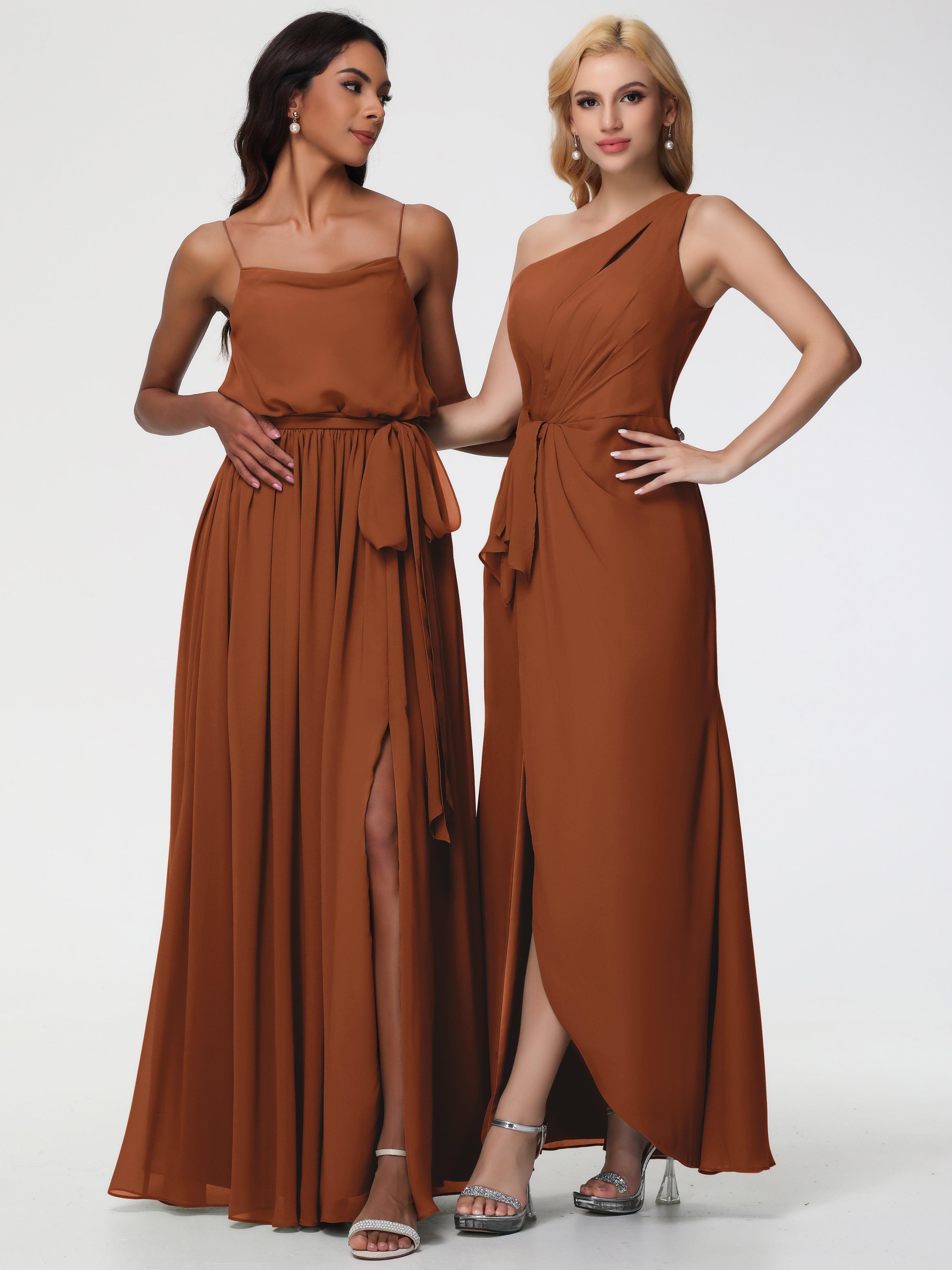 Robe Terracotta Demoiselle D Honneur Seule-Épaule Fendue Trapèze Mousseline Robe Demoiselle D'Honneur