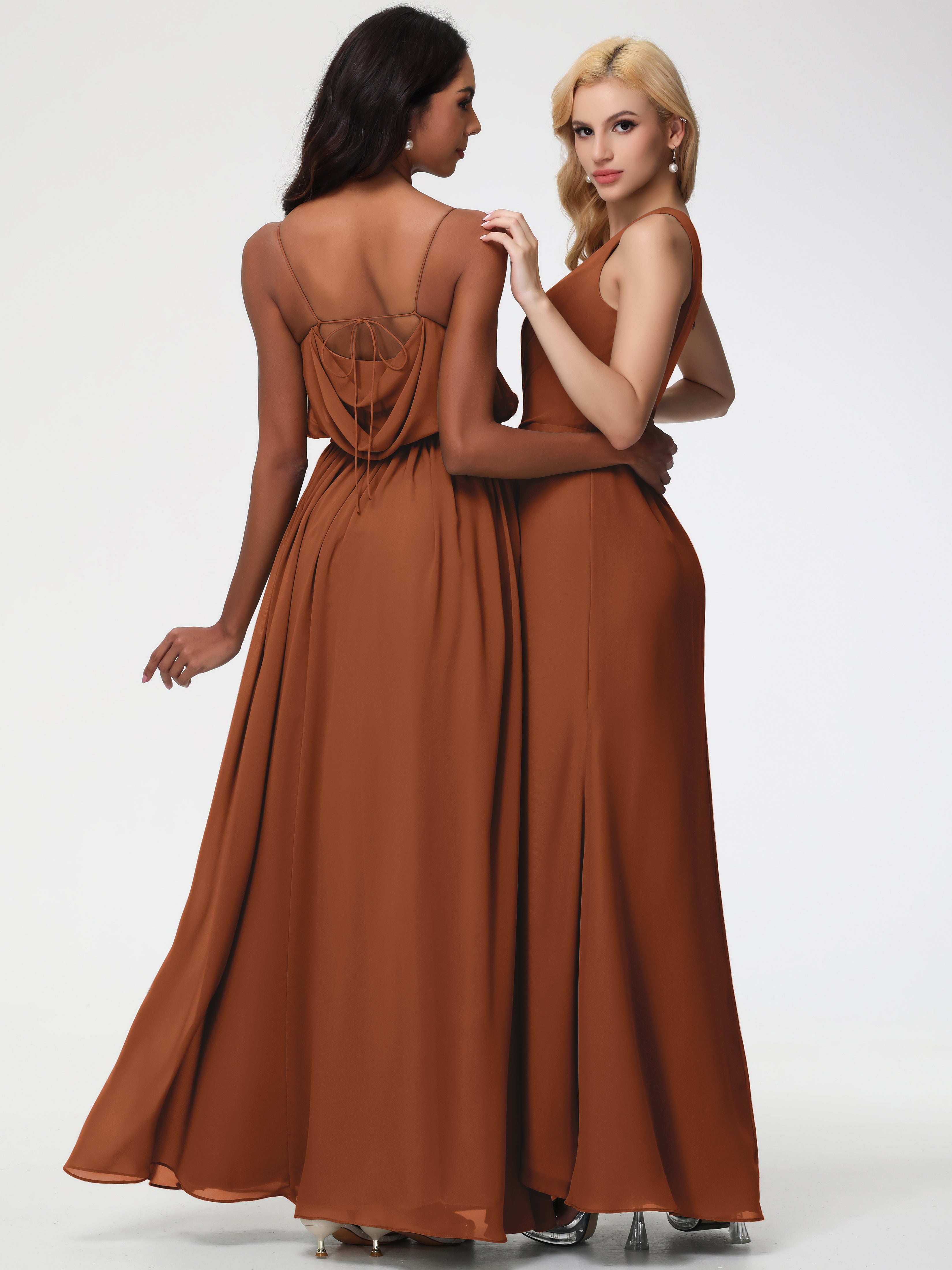 Robe Terracotta Demoiselle D Honneur Seule-Épaule Fendue Trapèze Mousseline Robe Demoiselle D'Honneur