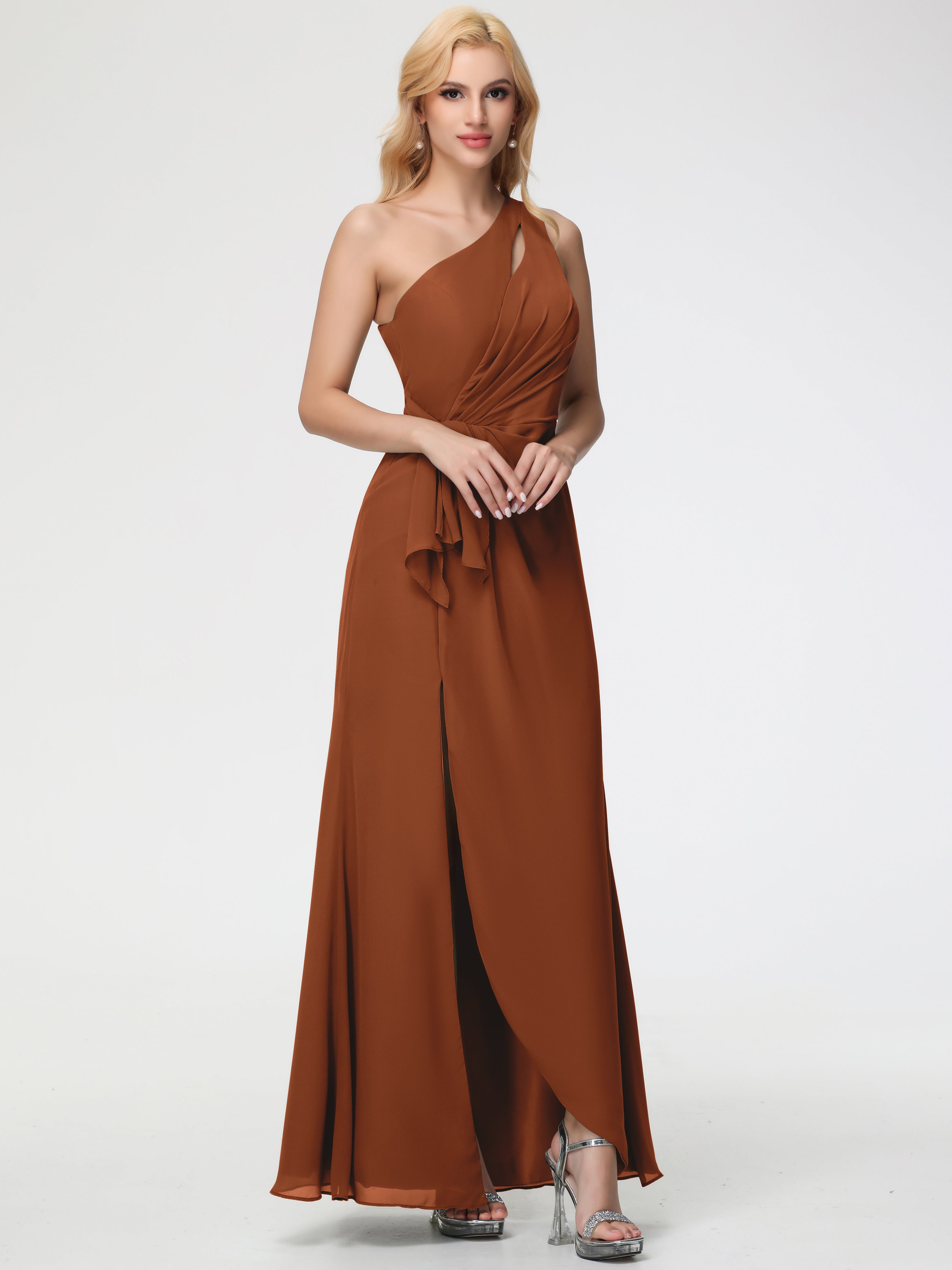 Robe Terracotta Demoiselle D Honneur Seule-Épaule Fendue Trapèze Mousseline Robe Demoiselle D'Honneur