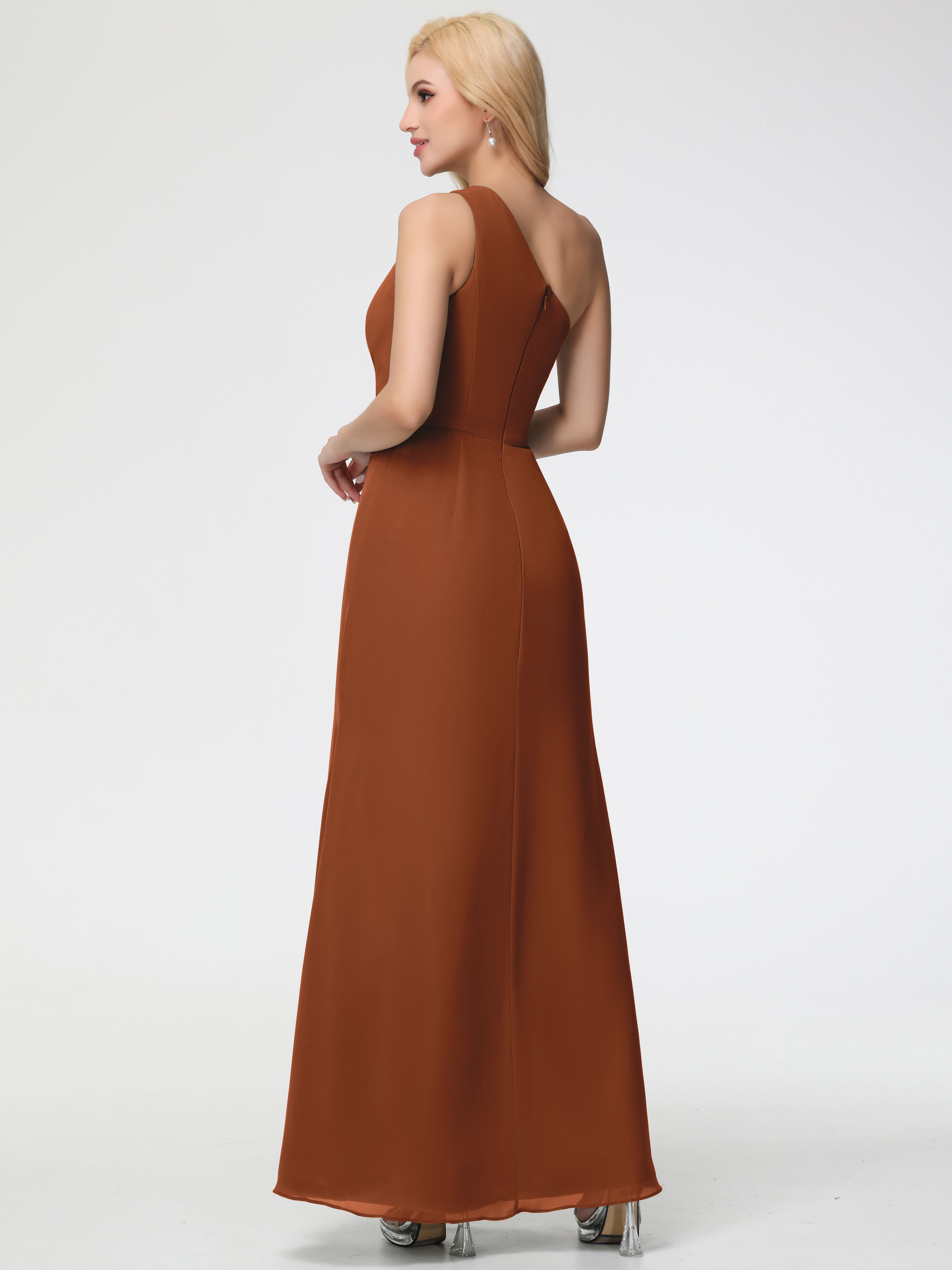 Robe Terracotta Demoiselle D Honneur Seule-Épaule Fendue Trapèze Mousseline Robe Demoiselle D'Honneur