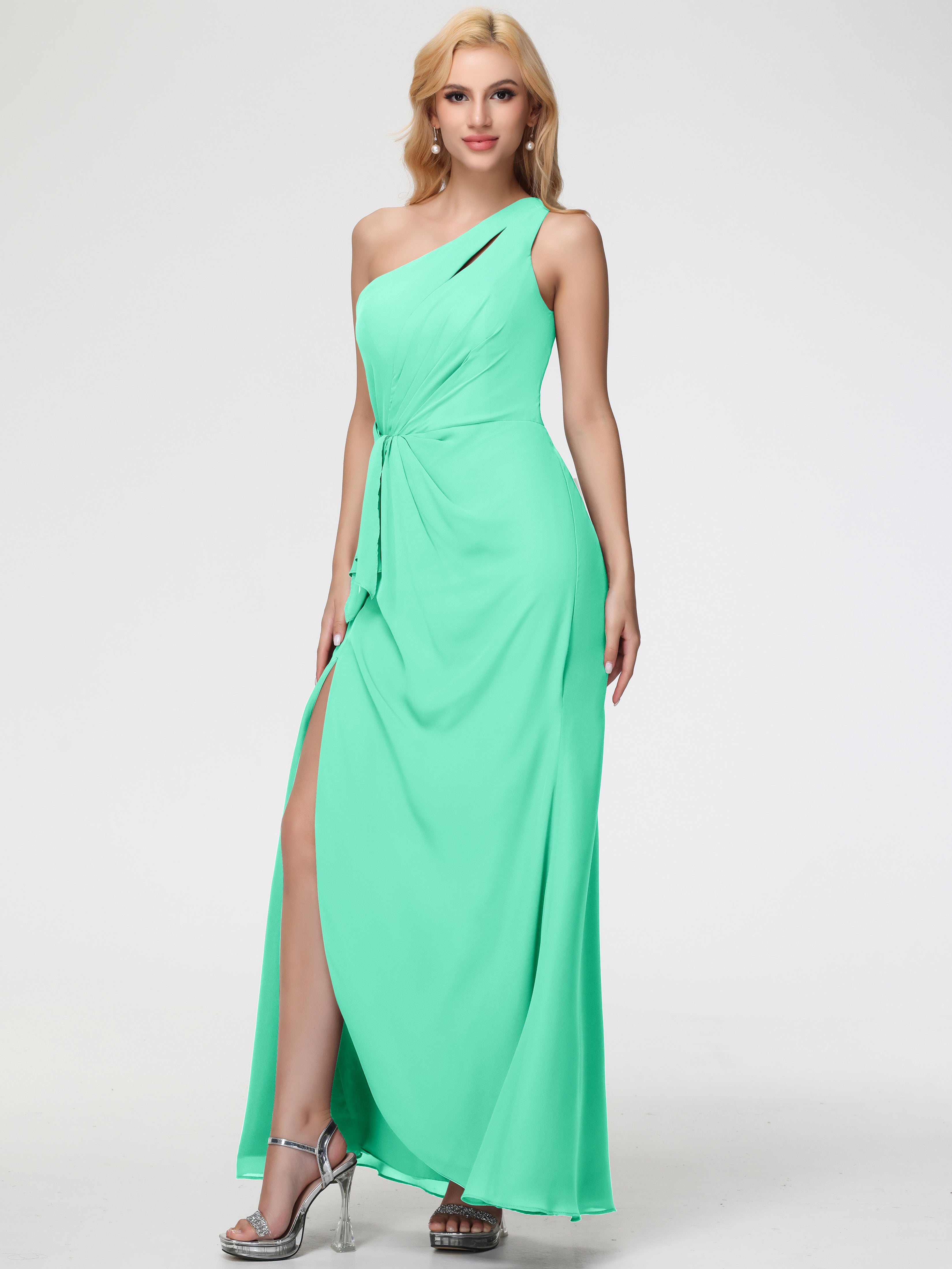 Robe Bleu Turquoise Demoiselle D Honneur Seule-Épaule Fendue Trapèze Mousseline Robe Demoiselle D'Honneur