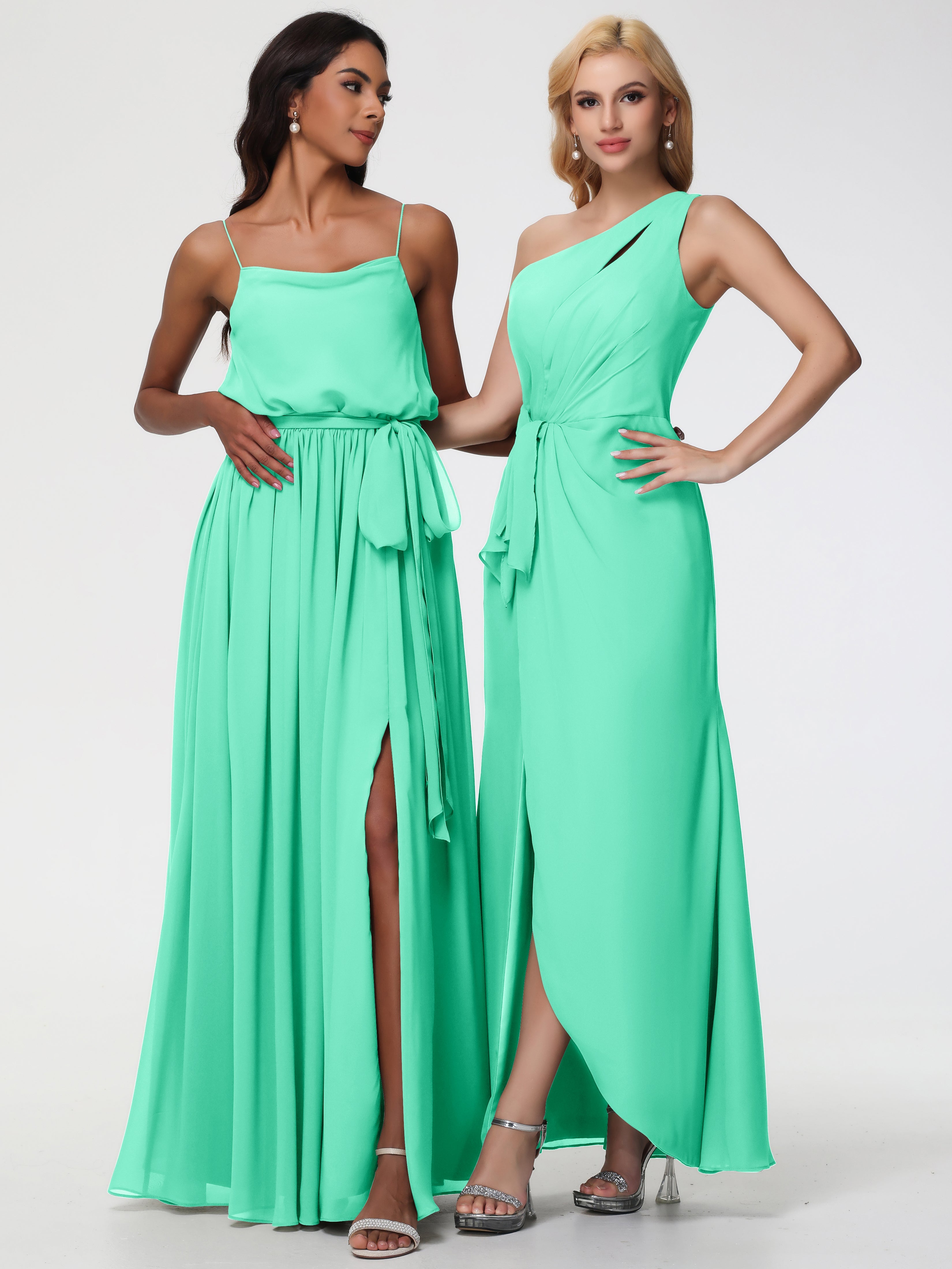 Robe Bleu Turquoise Demoiselle D Honneur Seule-Épaule Fendue Trapèze Mousseline Robe Demoiselle D'Honneur