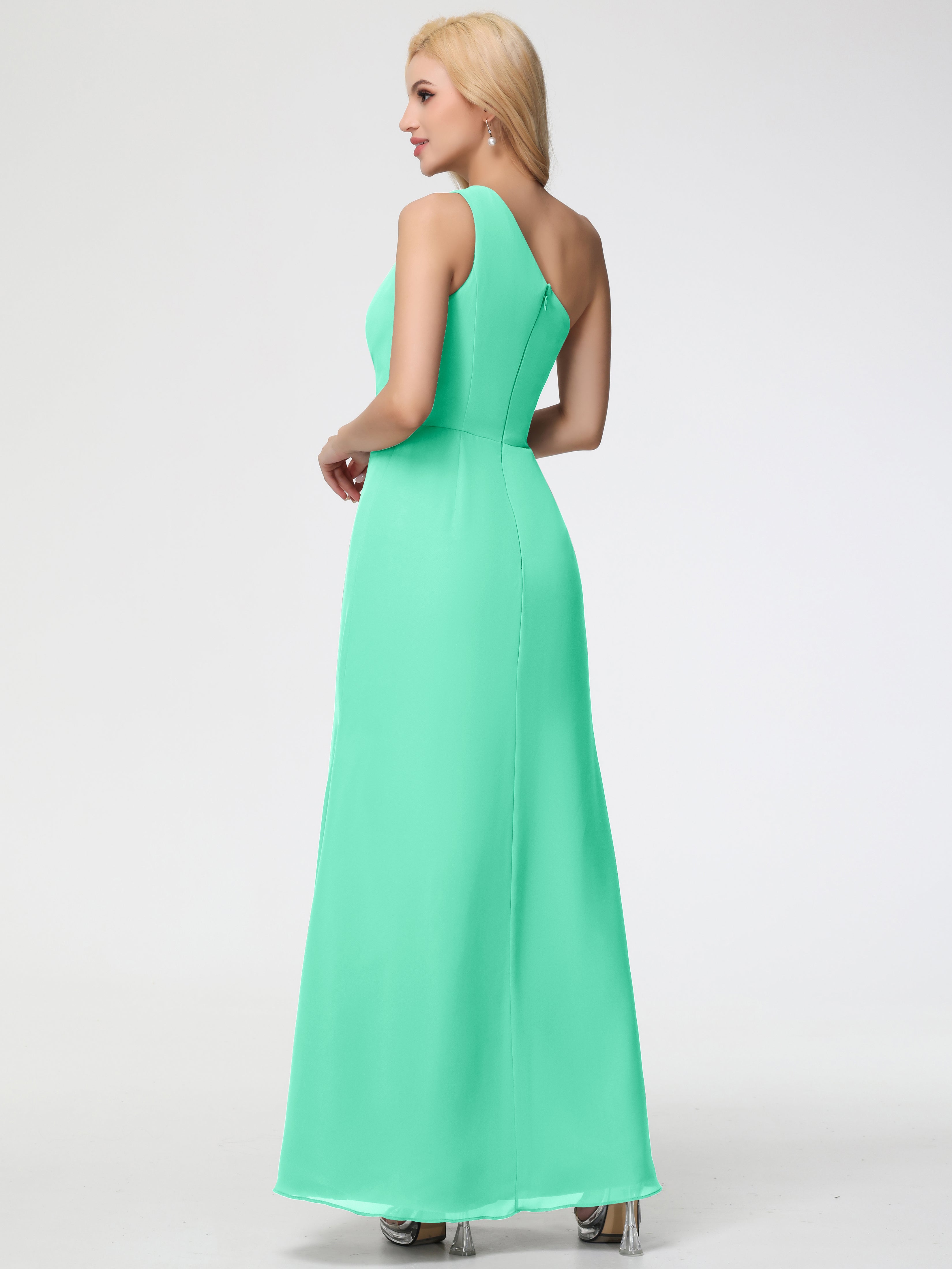 Robe Bleu Turquoise Demoiselle D Honneur Seule-Épaule Fendue Trapèze Mousseline Robe Demoiselle D'Honneur