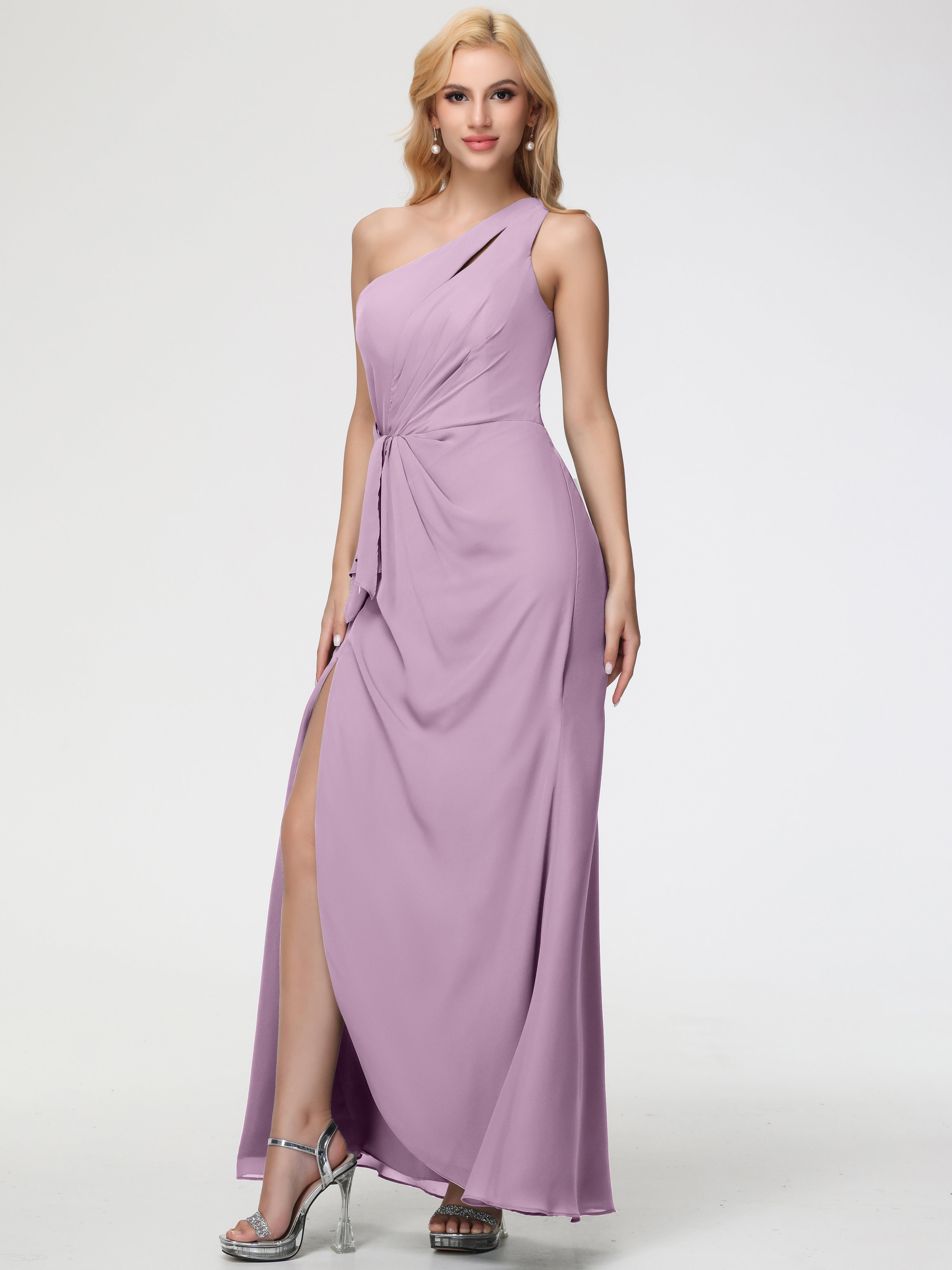 Robes De Demoiselle D'Honneur Glycine Seule-Épaule Fendue Trapèze Mousseline Robe Demoiselle D'Honneur