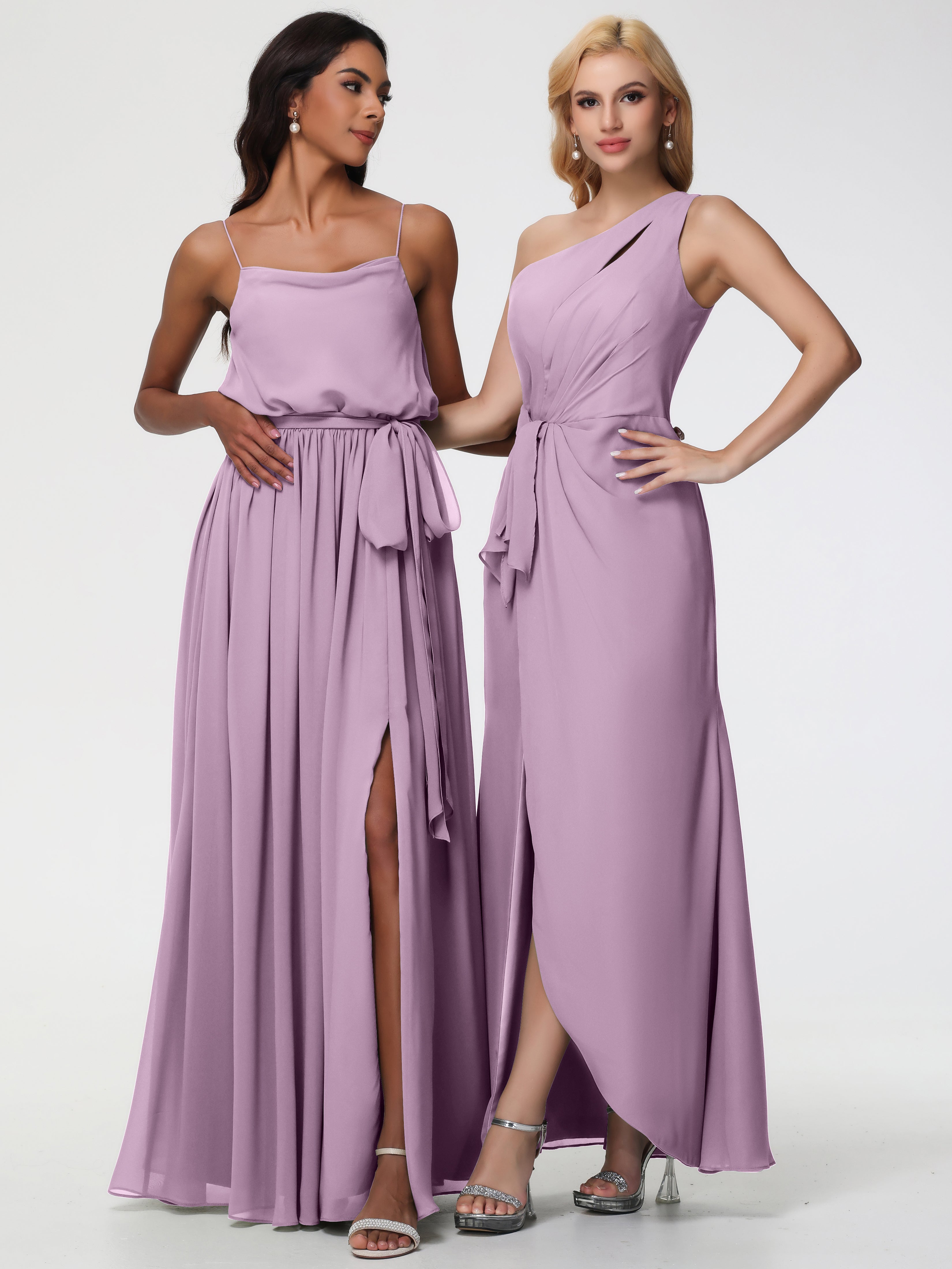 Robes De Demoiselle D'Honneur Glycine Seule-Épaule Fendue Trapèze Mousseline Robe Demoiselle D'Honneur