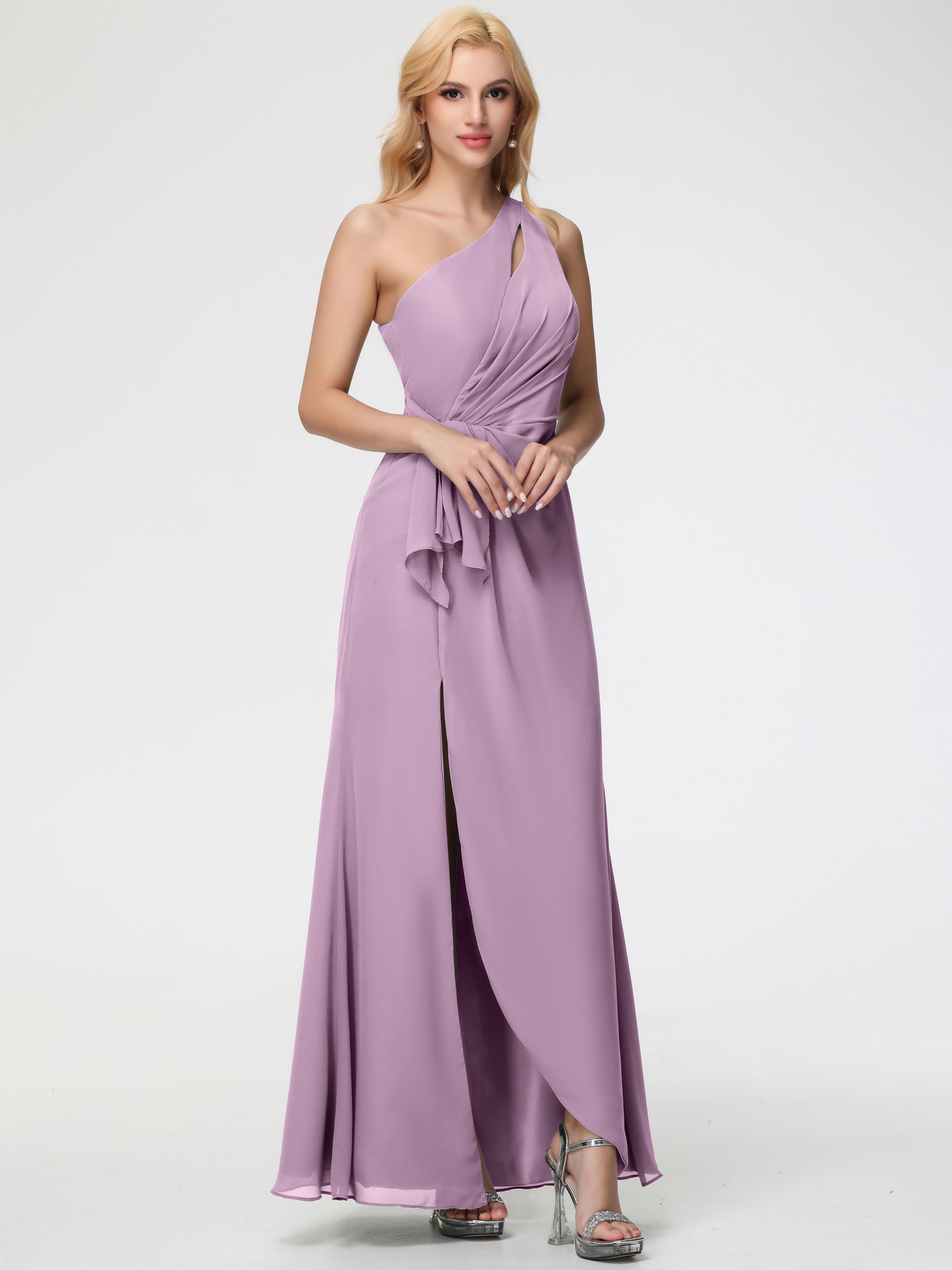 Robes De Demoiselle D'Honneur Glycine Seule-Épaule Fendue Trapèze Mousseline Robe Demoiselle D'Honneur