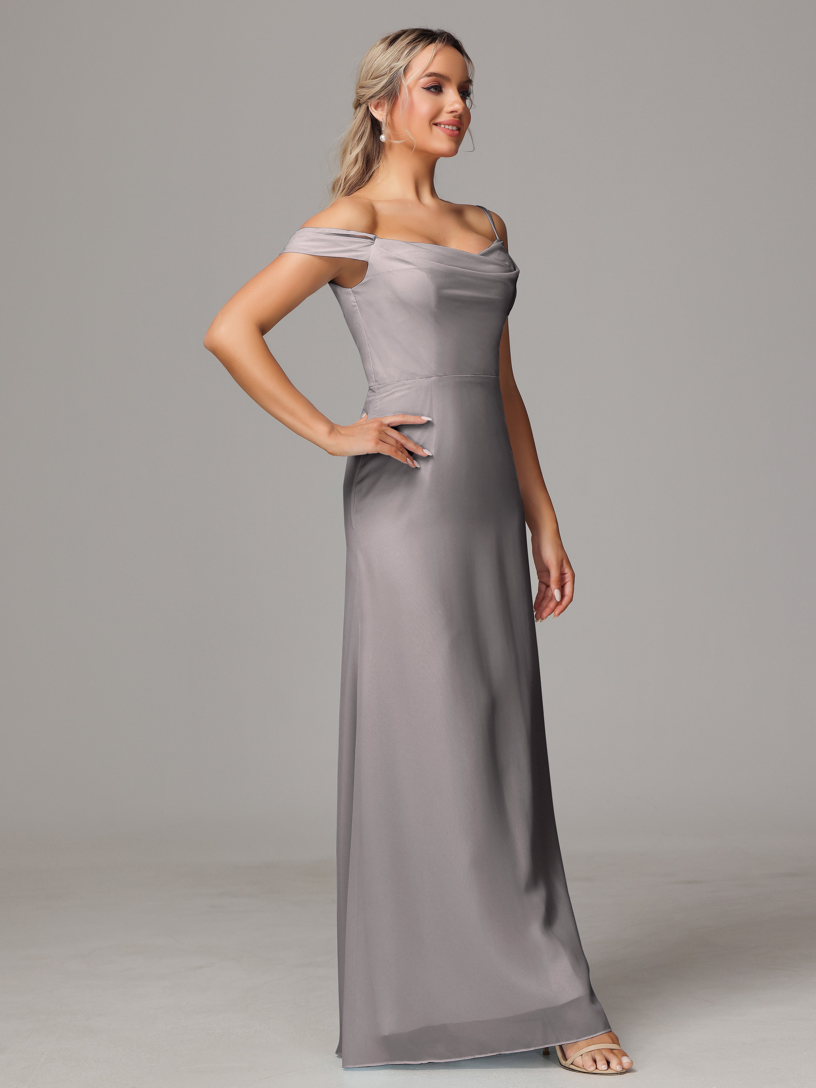 Robe Demoiselle D Honneur Argenté Accueil Froid Trapèze Mousseline Longue Robes Demoiselle D'Honneur