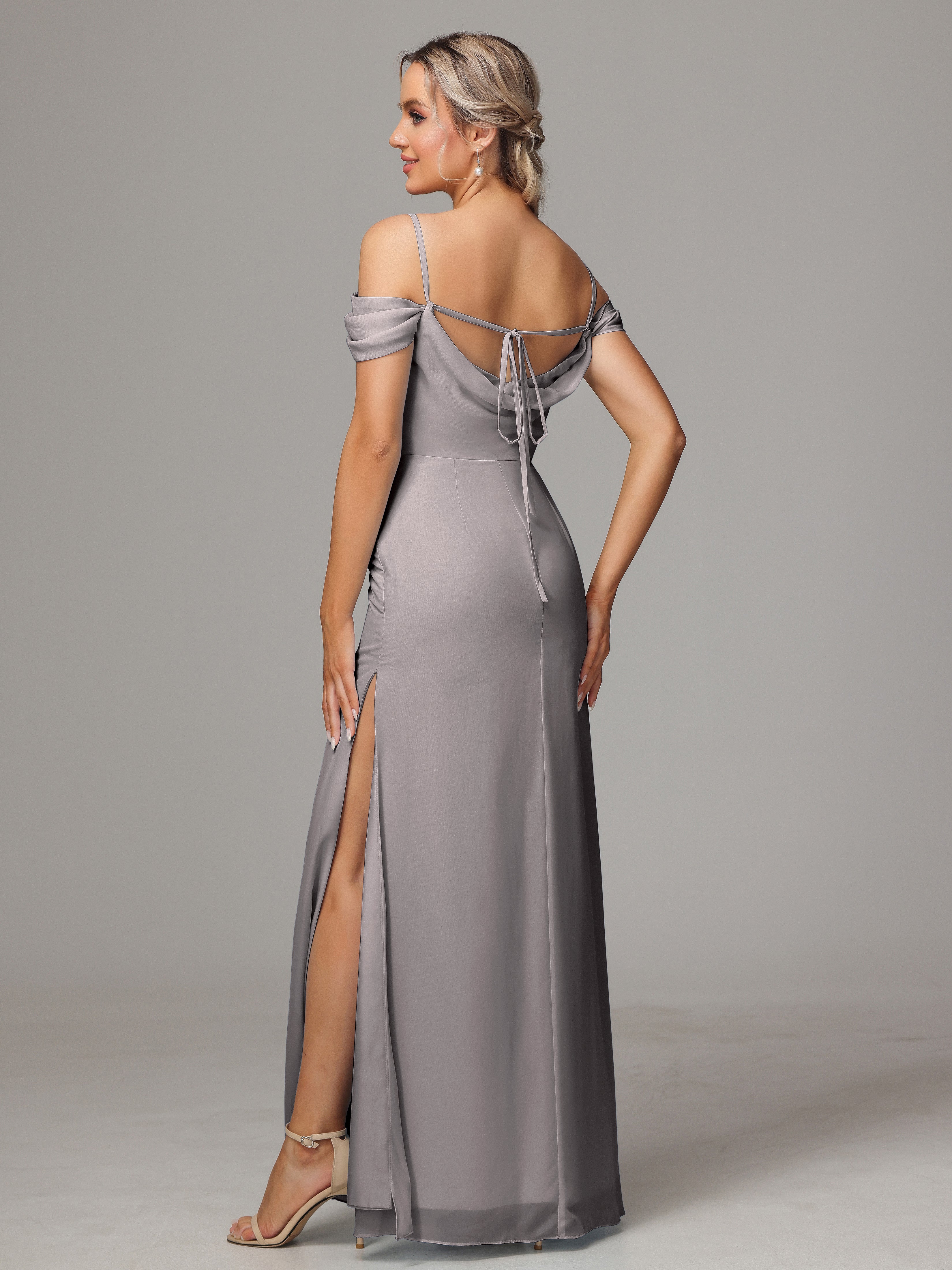 Robe Demoiselle D Honneur Argenté Accueil Froid Trapèze Mousseline Longue Robes Demoiselle D'Honneur