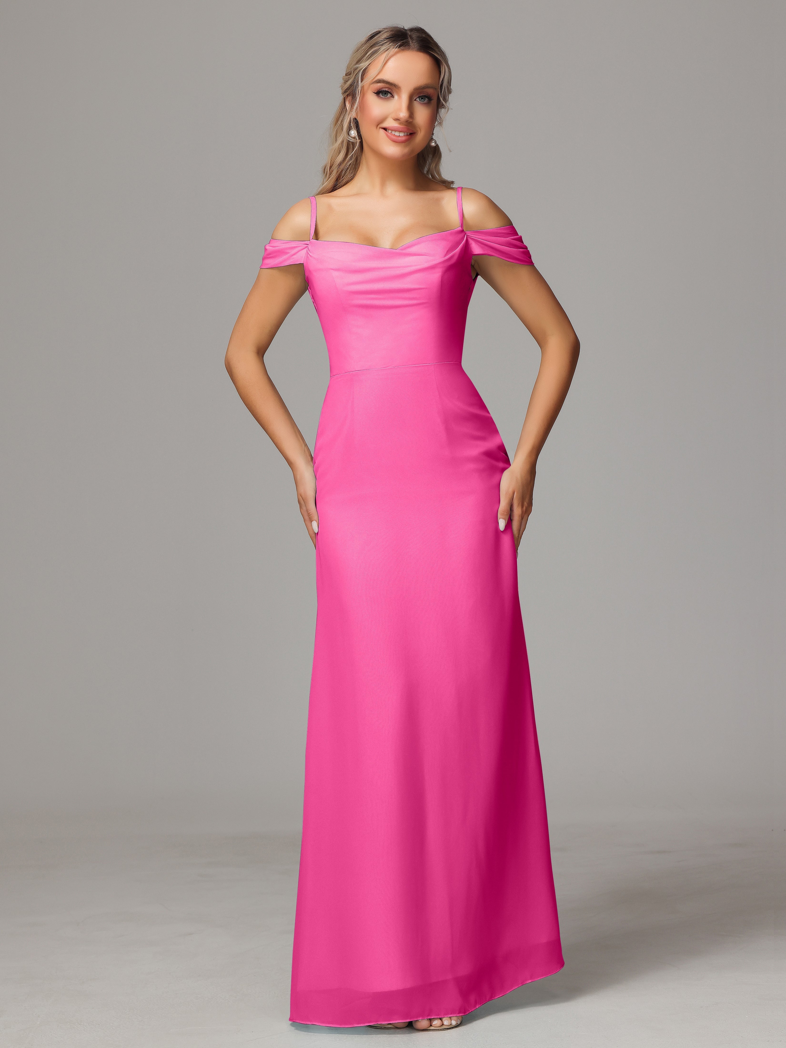 Robe Demoiselle D Honneur En Azalée Accueil Froid Trapèze Mousseline Longue Robes Demoiselle D'Honneur