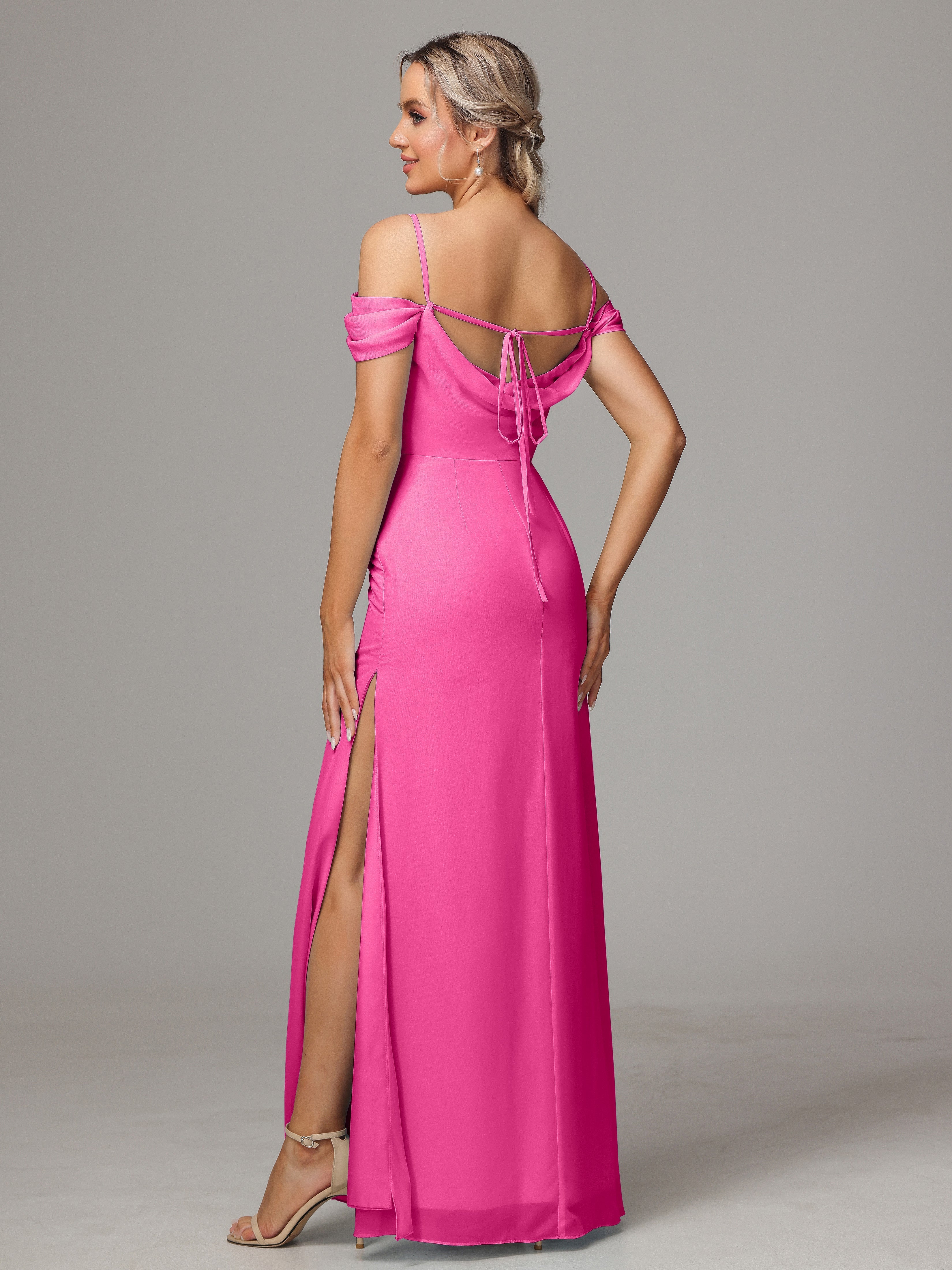 Robe Demoiselle D Honneur En Azalée Accueil Froid Trapèze Mousseline Longue Robes Demoiselle D'Honneur