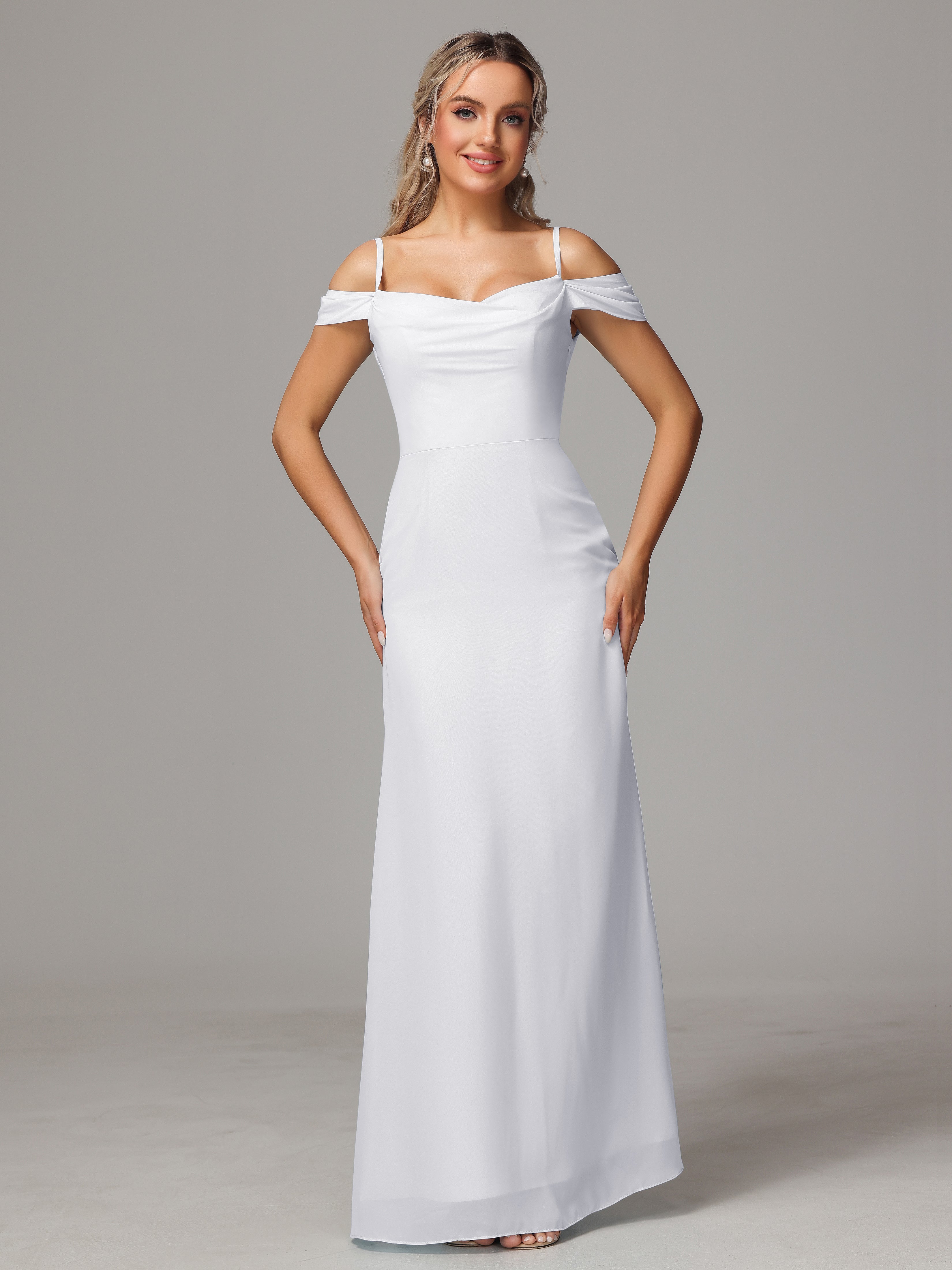 Demoiselle D Honneur En Blanc Accueil Froid Trapèze Mousseline Longue Robes Demoiselle D'Honneur