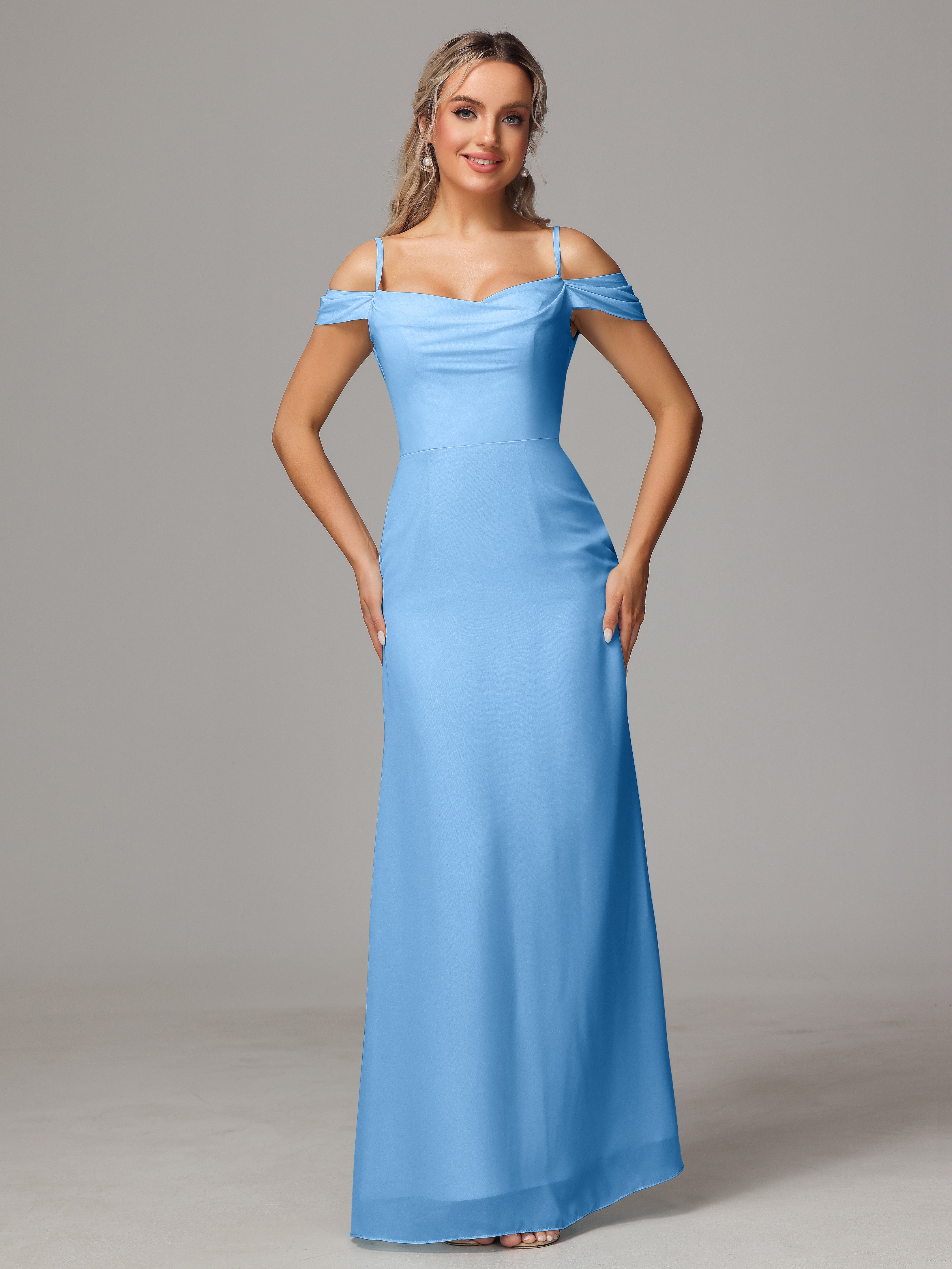 Robes Demoiselle D Honneur Bleu Accueil Froid Trapèze Mousseline Longue Robes Demoiselle D'Honneur