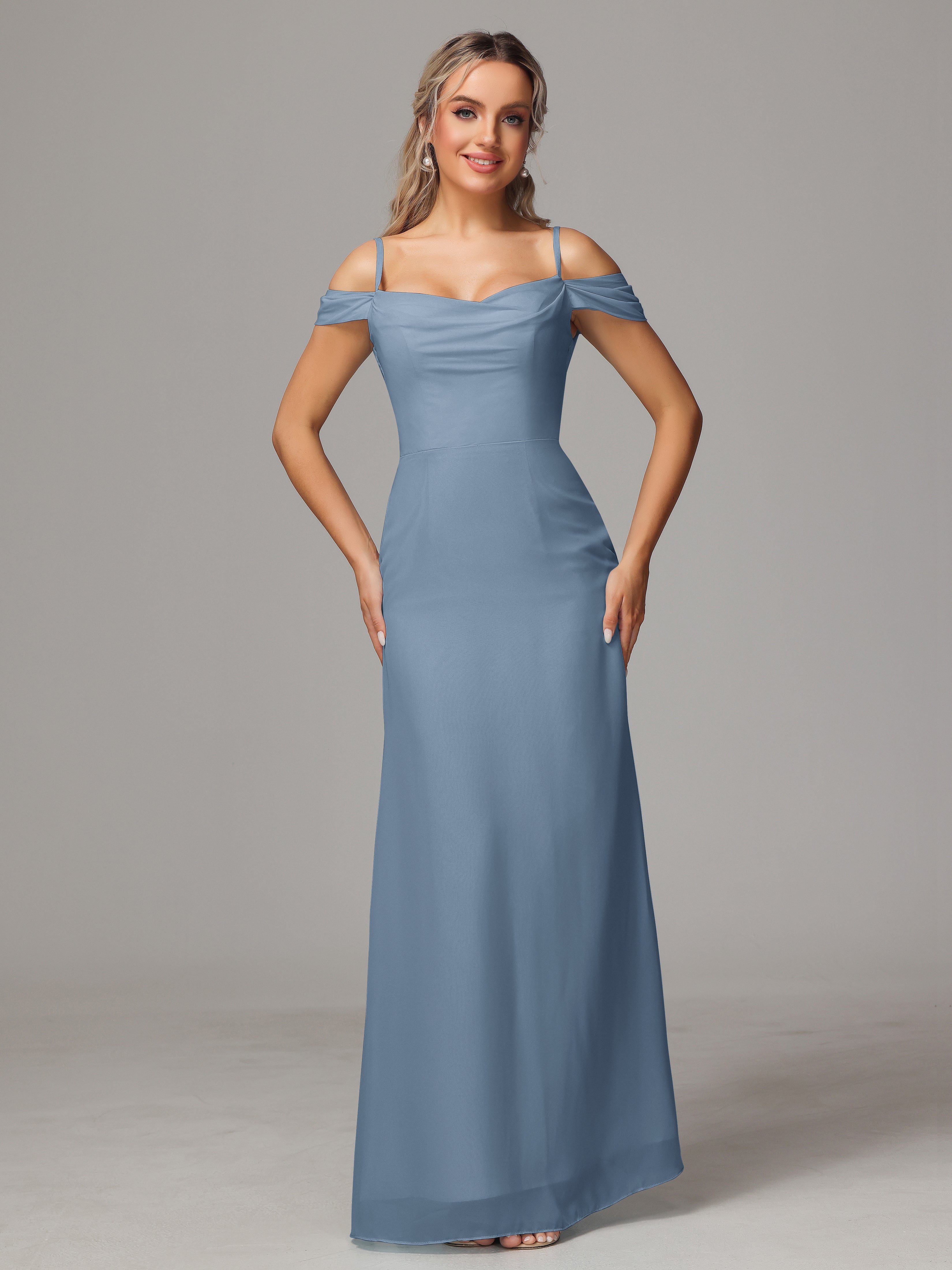 Robes De Demoiselle D'Honneur Bleu De Schiste Accueil Froid Trapèze Mousseline Longue Robes Demoiselle D'Honneur