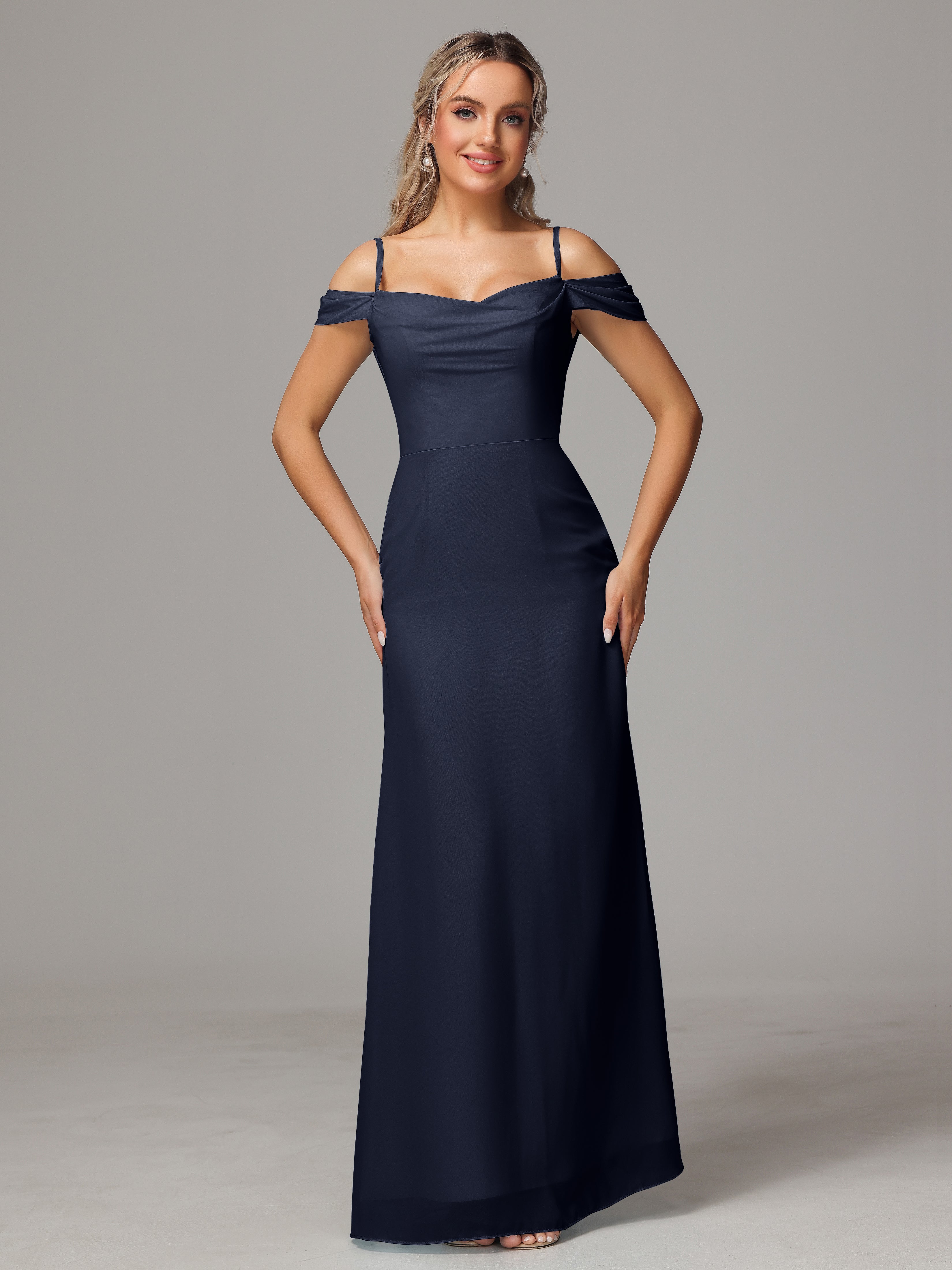 Demoiselle D'Honneur Bleu Marine Accueil Froid Trapèze Mousseline Longue Robes Demoiselle D'Honneur