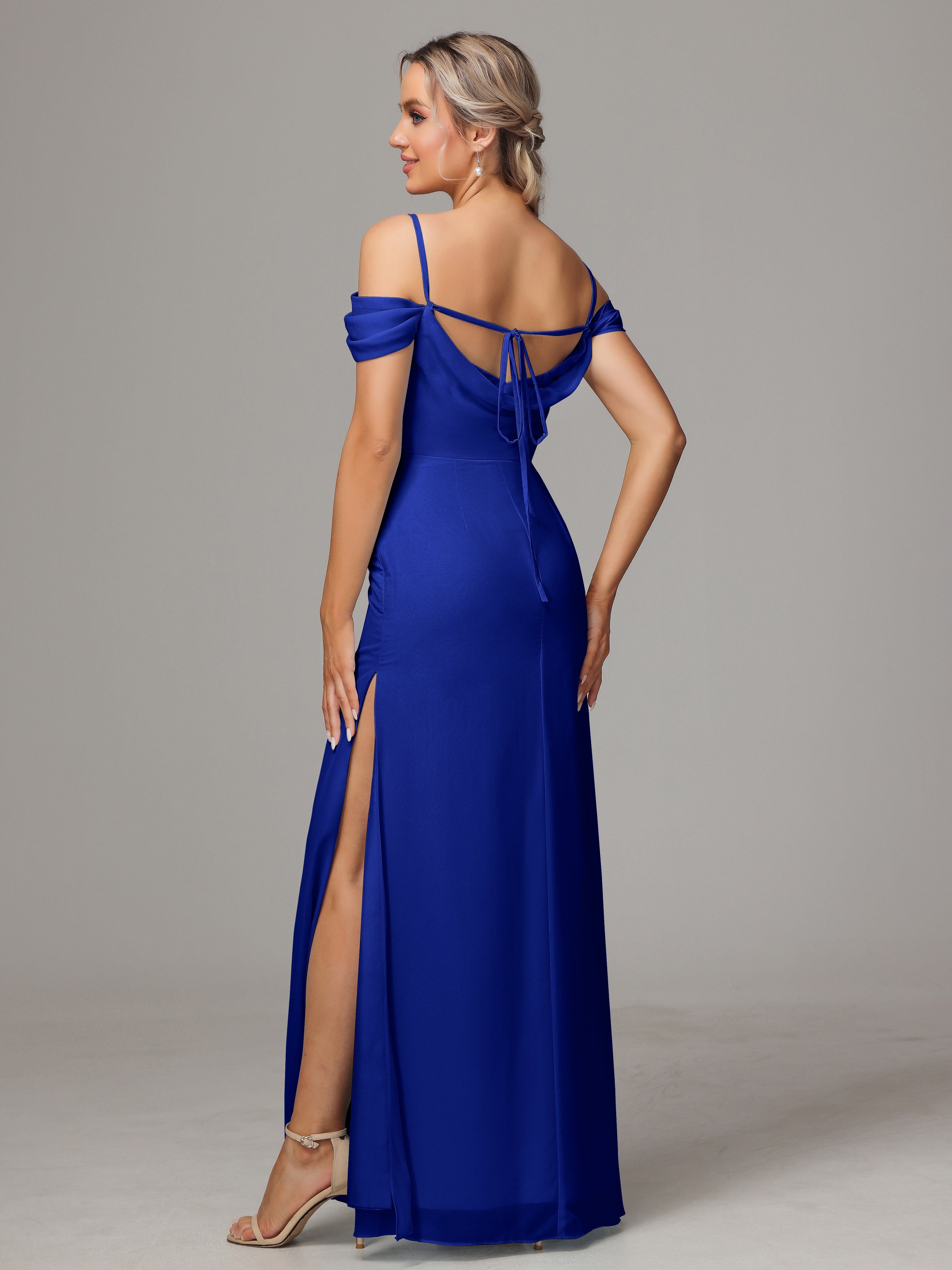 Robe Bleu Roi Demoiselle D Honneur Accueil Froid Trapèze Mousseline Longue Robes Demoiselle D'Honneur