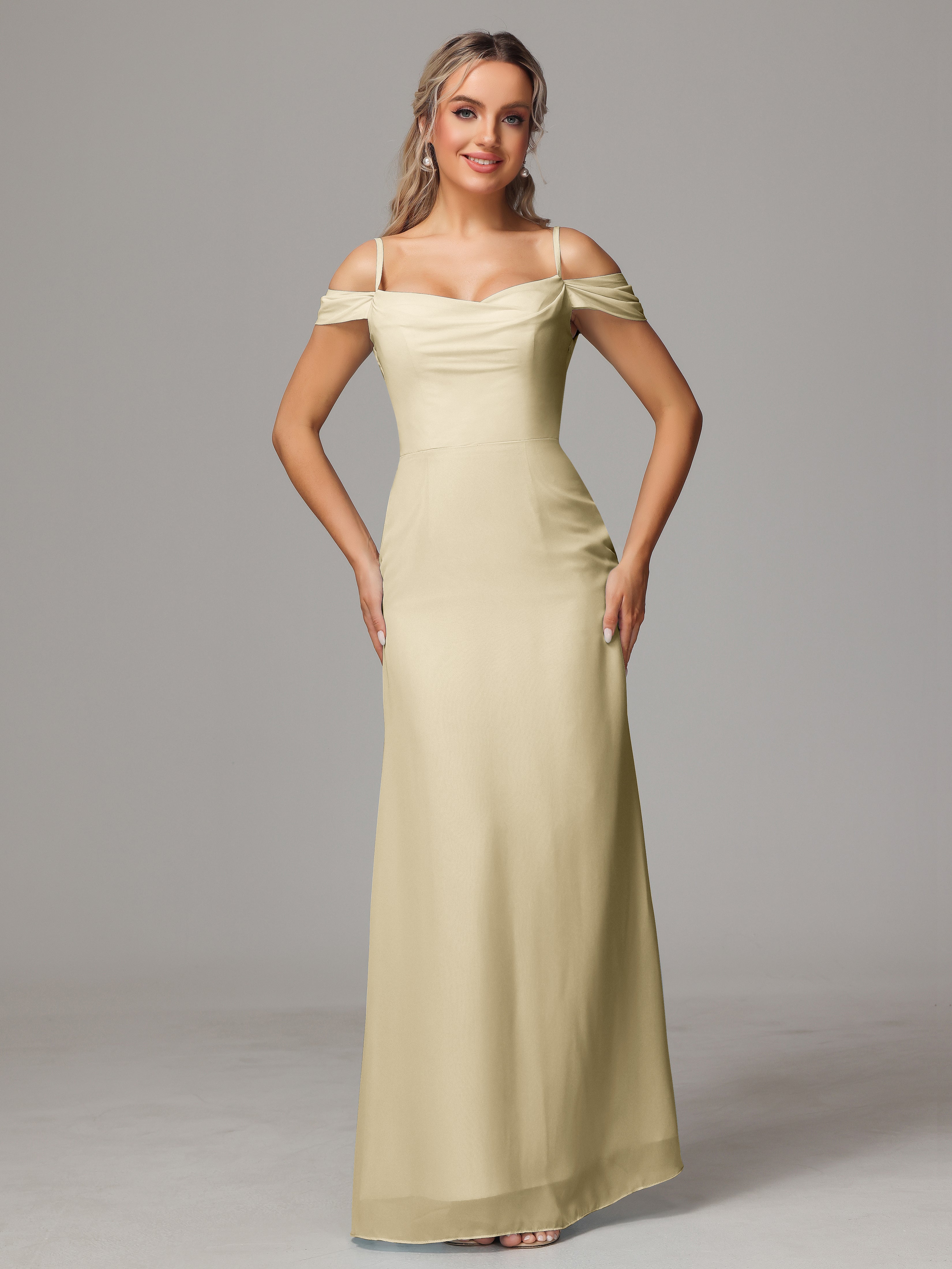 Robe De Demoiselle D Honneur Champagne Accueil Froid Trapèze Mousseline Longue Robes Demoiselle D'Honneur