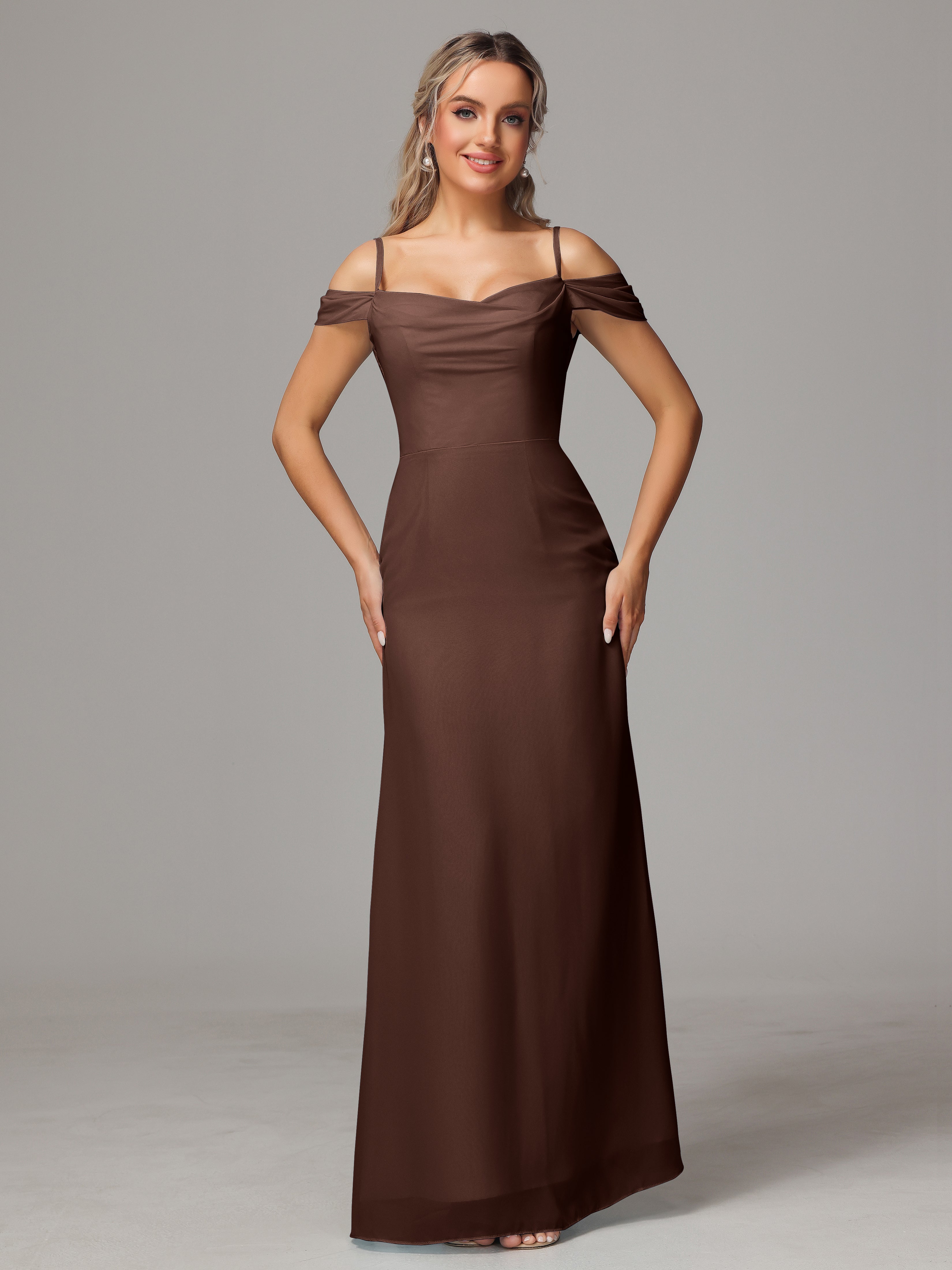 Robe Demoiselle D Honneur Chocolat Accueil Froid Trapèze Mousseline Longue Robes Demoiselle D'Honneur