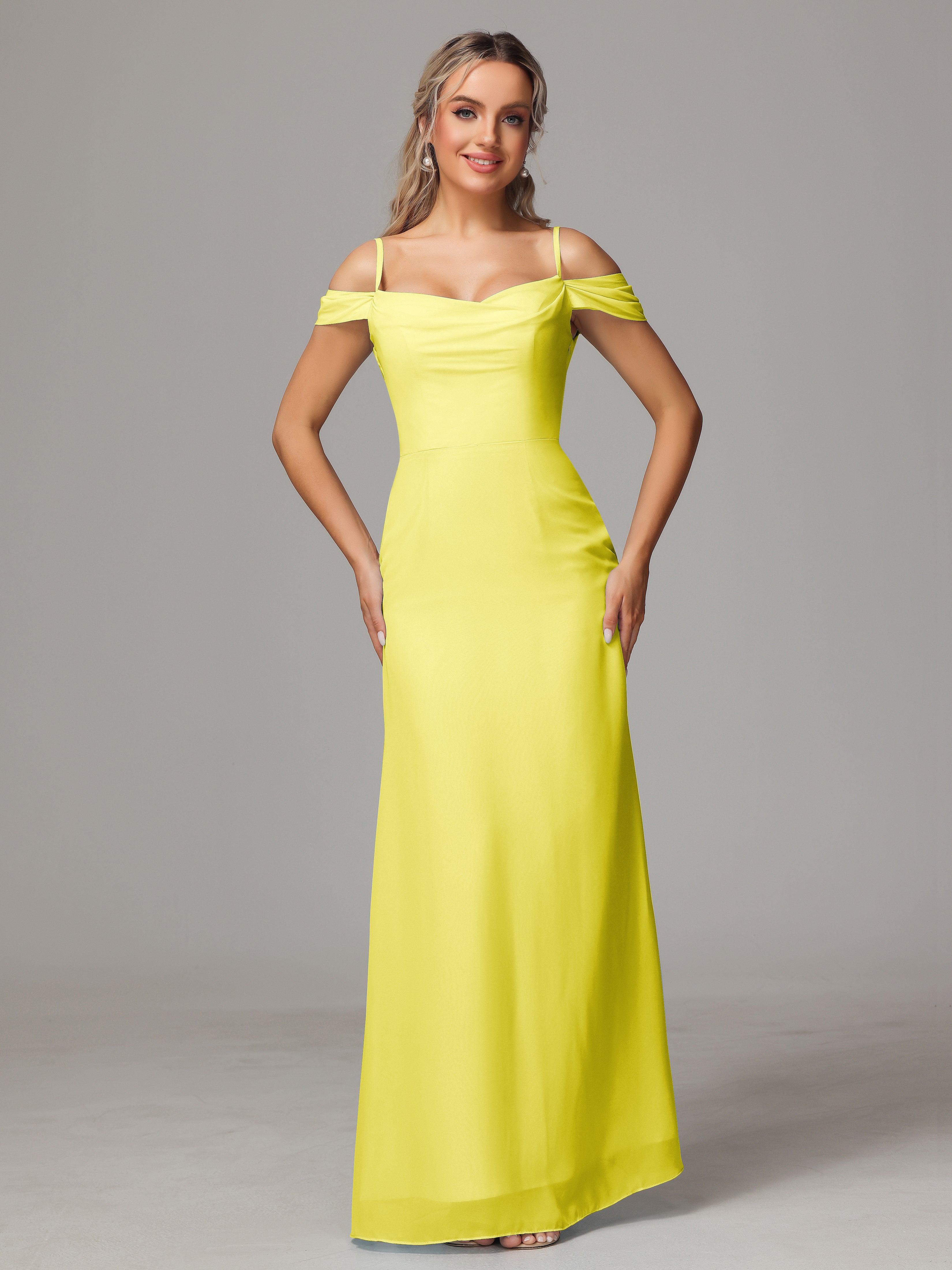 Robes De Demoiselle D'Honneur Citron Accueil Froid Trapèze Mousseline Longue Robes Demoiselle D'Honneur