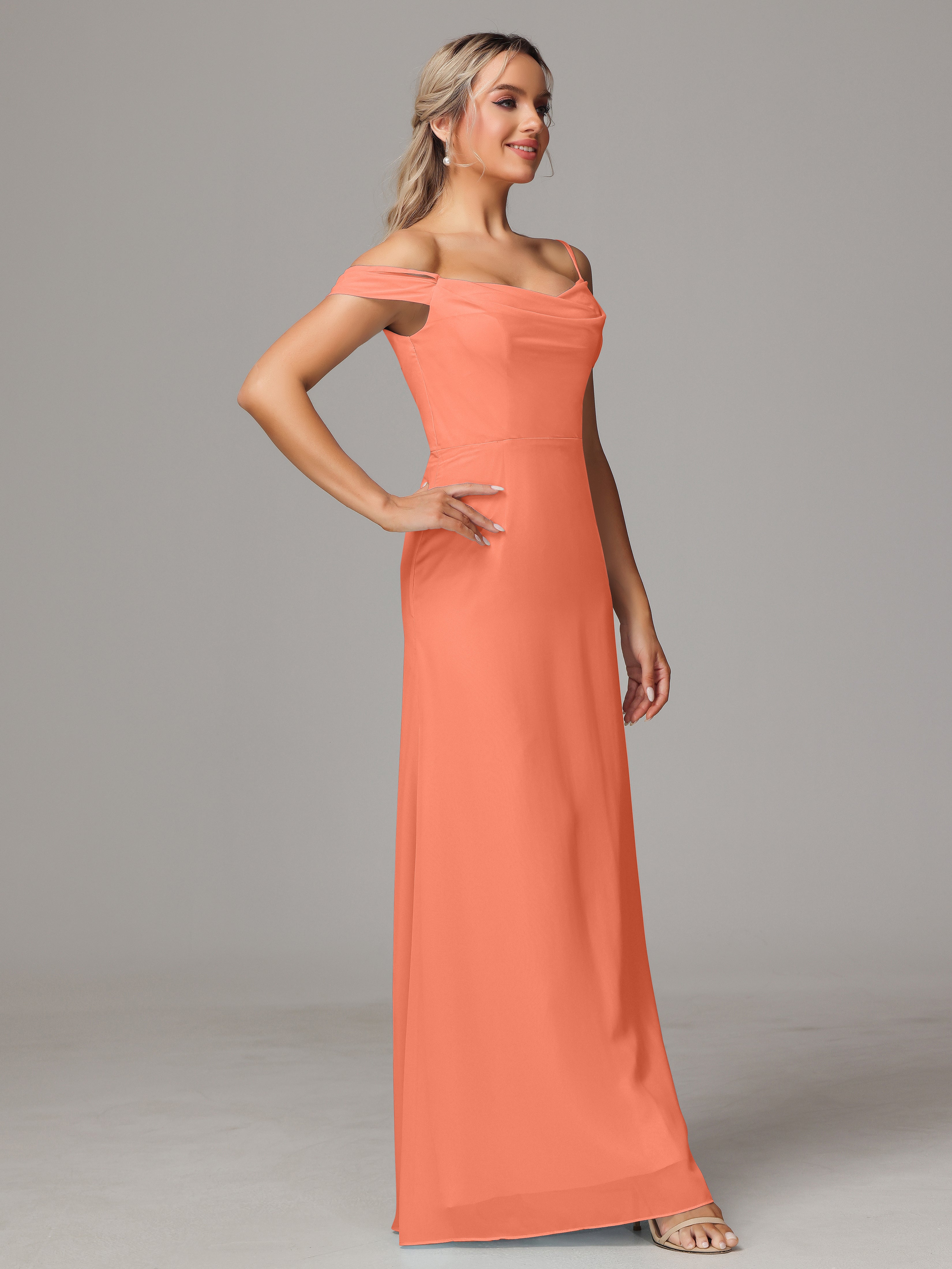 Robes De Demoiselle D'Honneur Coucher De Soleil Accueil Froid Trapèze Mousseline Longue Robes Demoiselle D'Honneur