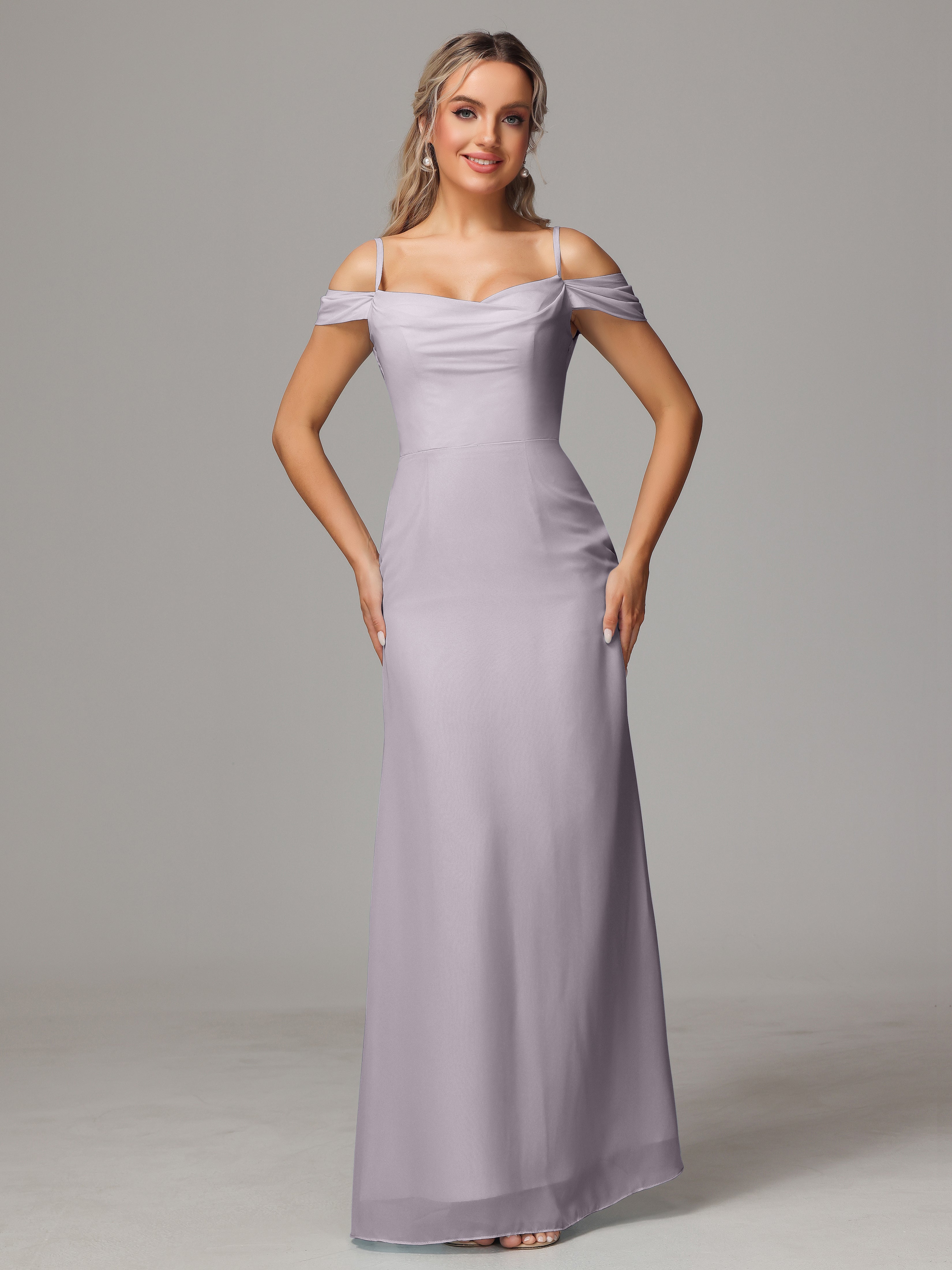 Robes De Demoiselle D'Honneur Couleur Crépuscule Accueil Froid Trapèze Mousseline Longue Robes Demoiselle D'Honneur