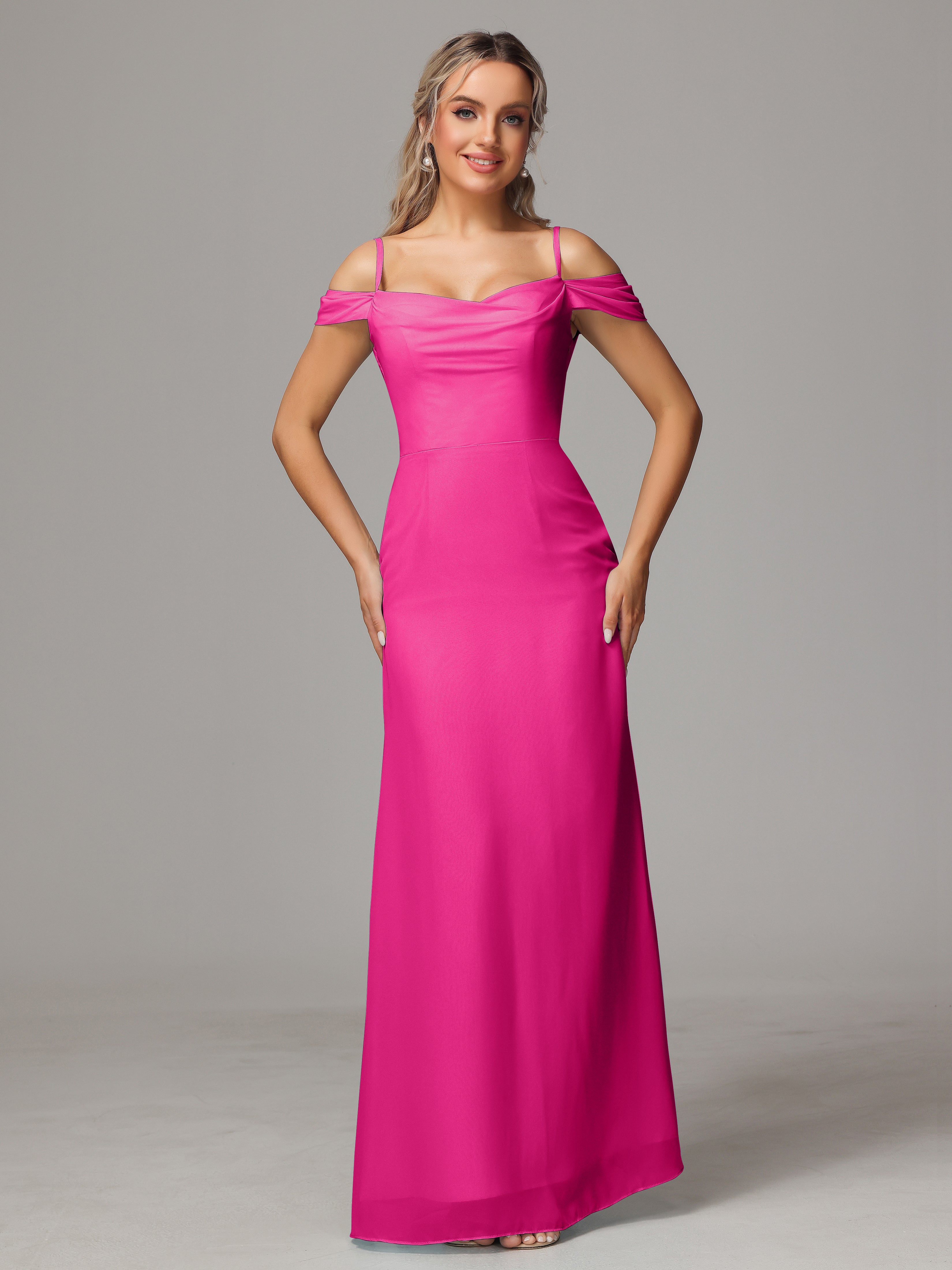 Robe Rose Fuchsia Demoiselle D Honneur Accueil Froid Trapèze Mousseline Longue Robes Demoiselle D'Honneur