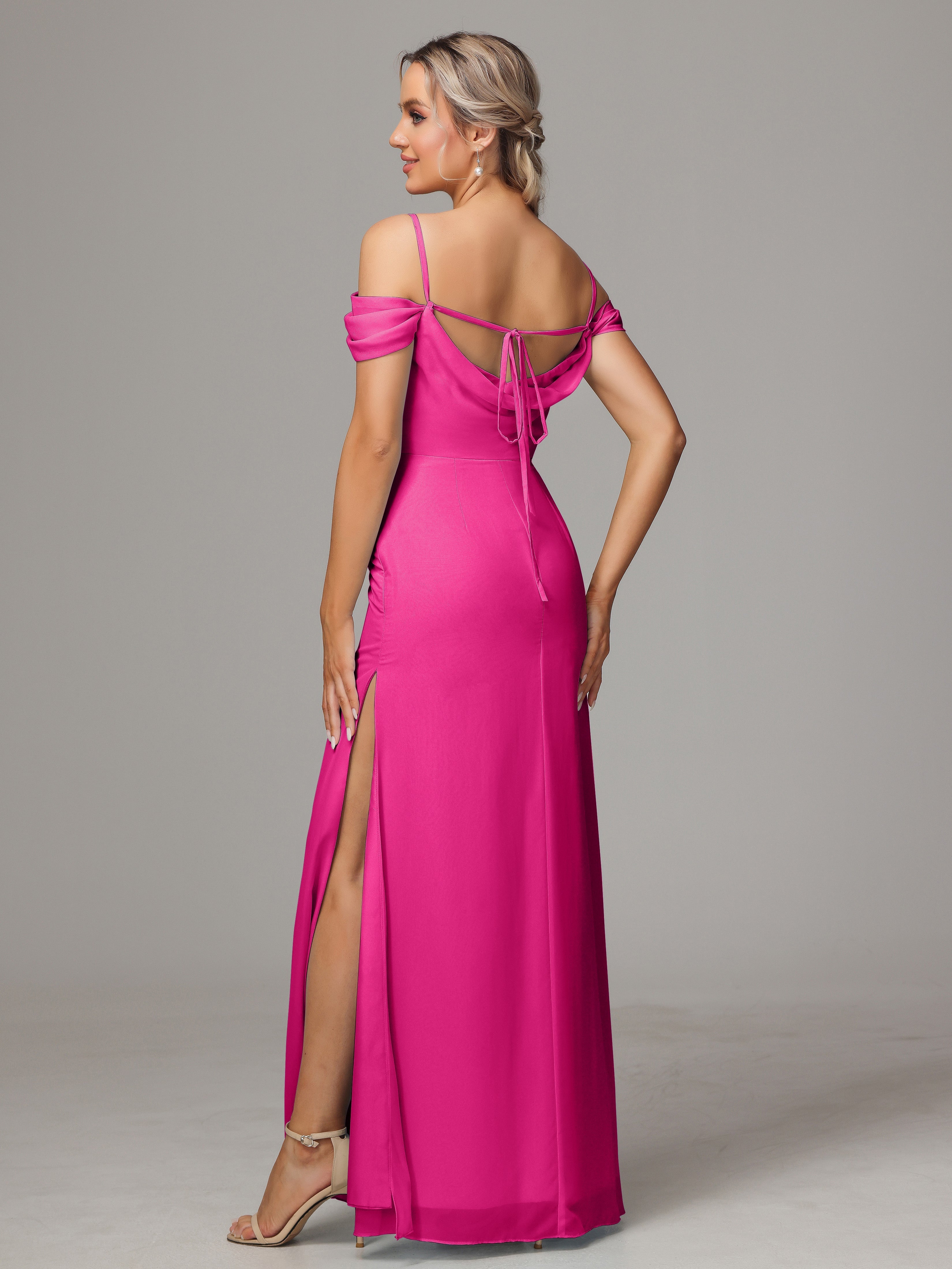 Robe Rose Fuchsia Demoiselle D Honneur Accueil Froid Trapèze Mousseline Longue Robes Demoiselle D'Honneur