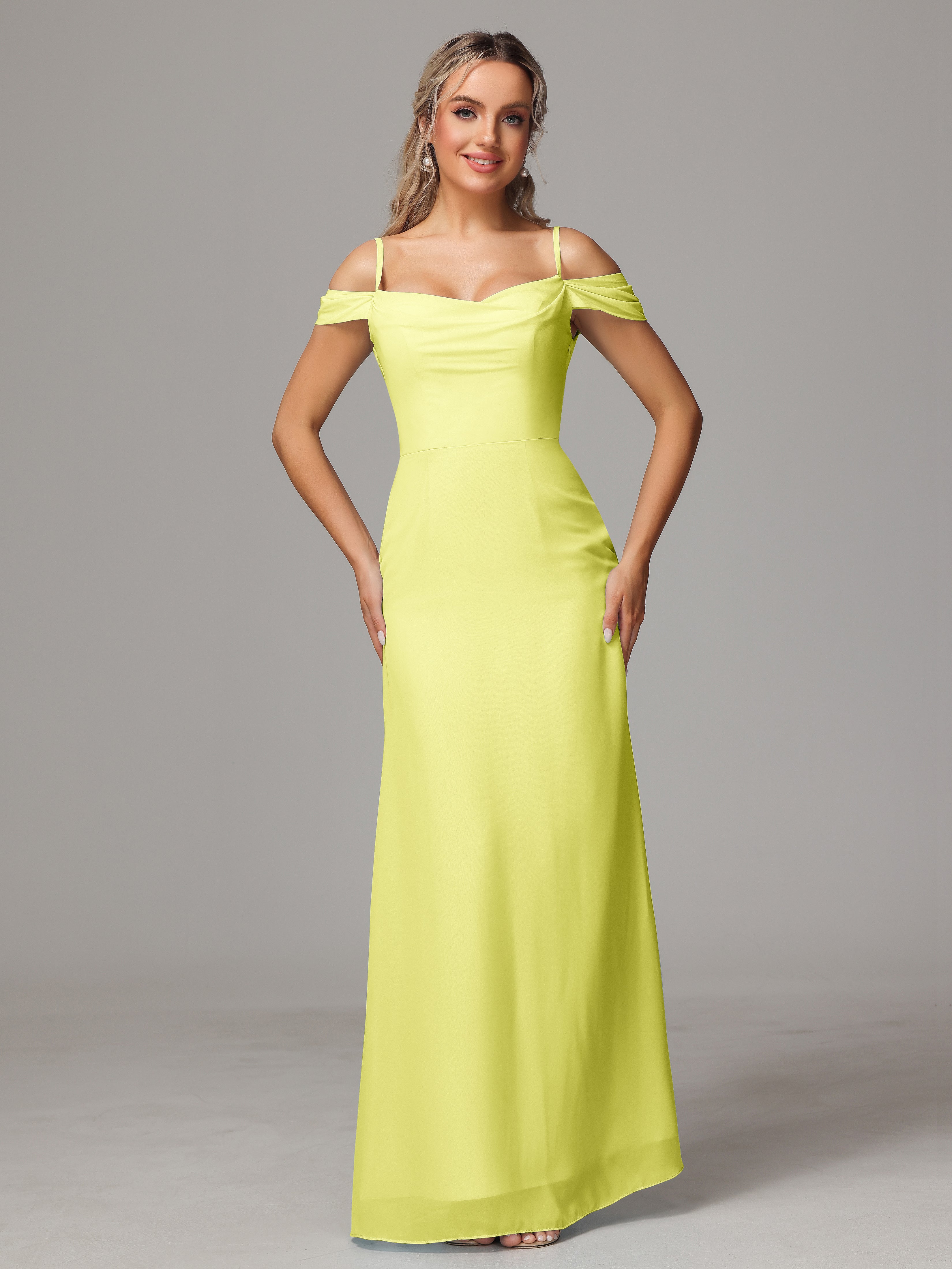 Robes De Demoiselle D'Honneur Jonquille Accueil Froid Trapèze Mousseline Longue Robes Demoiselle D'Honneur