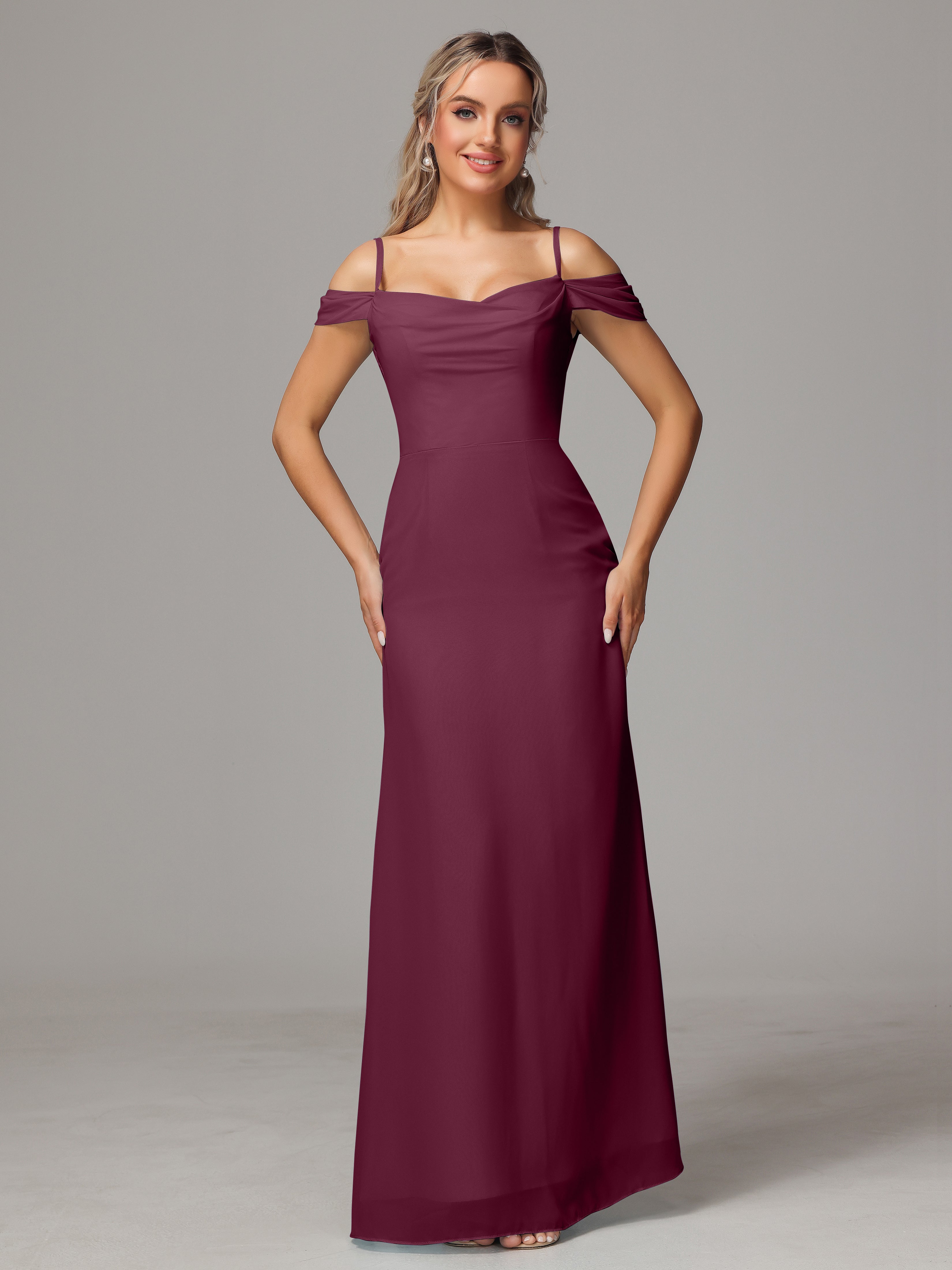 Robes De Demoiselle D'Honneur Mûre Accueil Froid Trapèze Mousseline Longue Robes Demoiselle D'Honneur